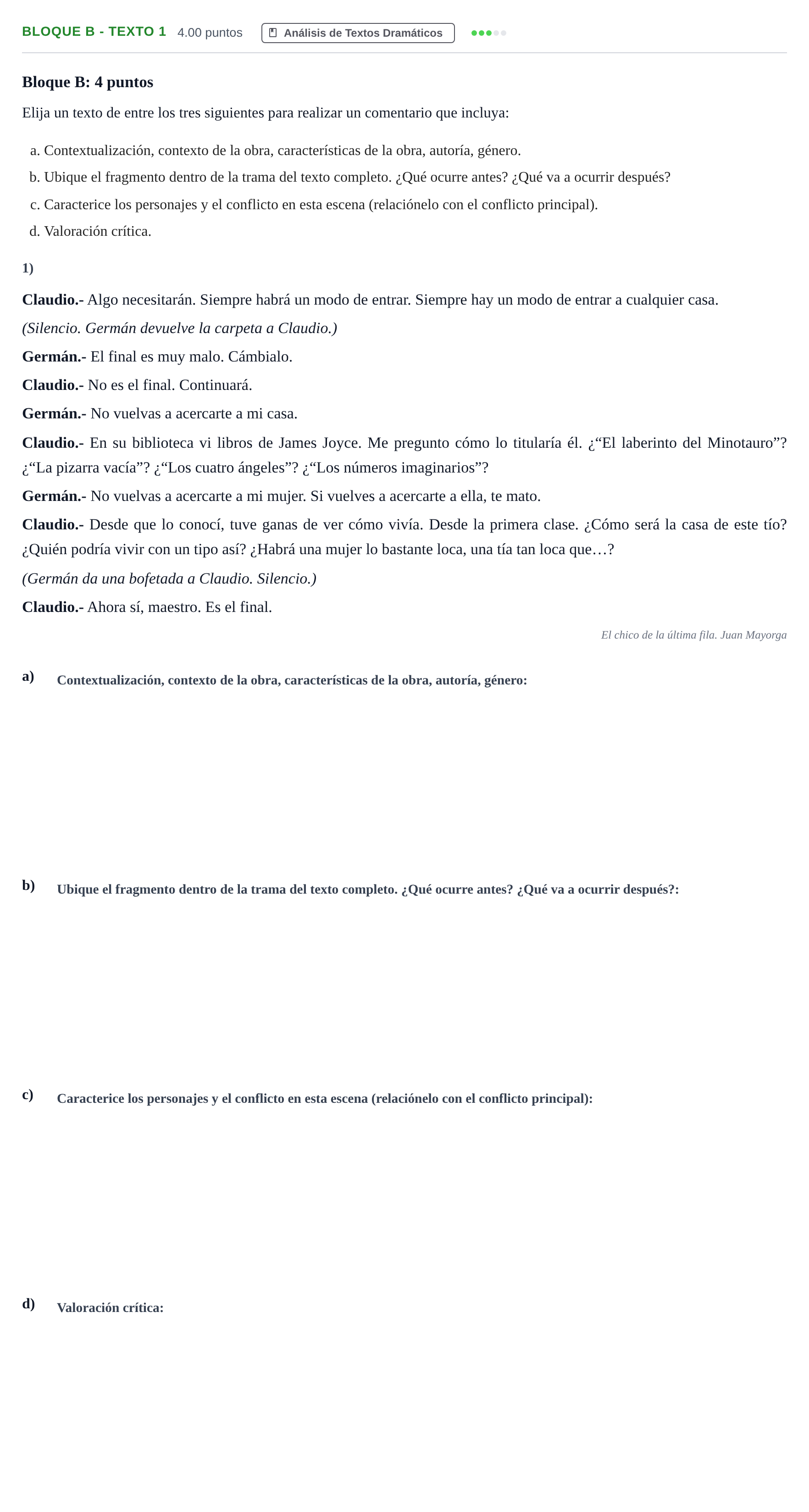 Enunciado: Bloque B - Texto 1 · Artes Escénicas PAU Andalucía Extraordinaria Titular 2024