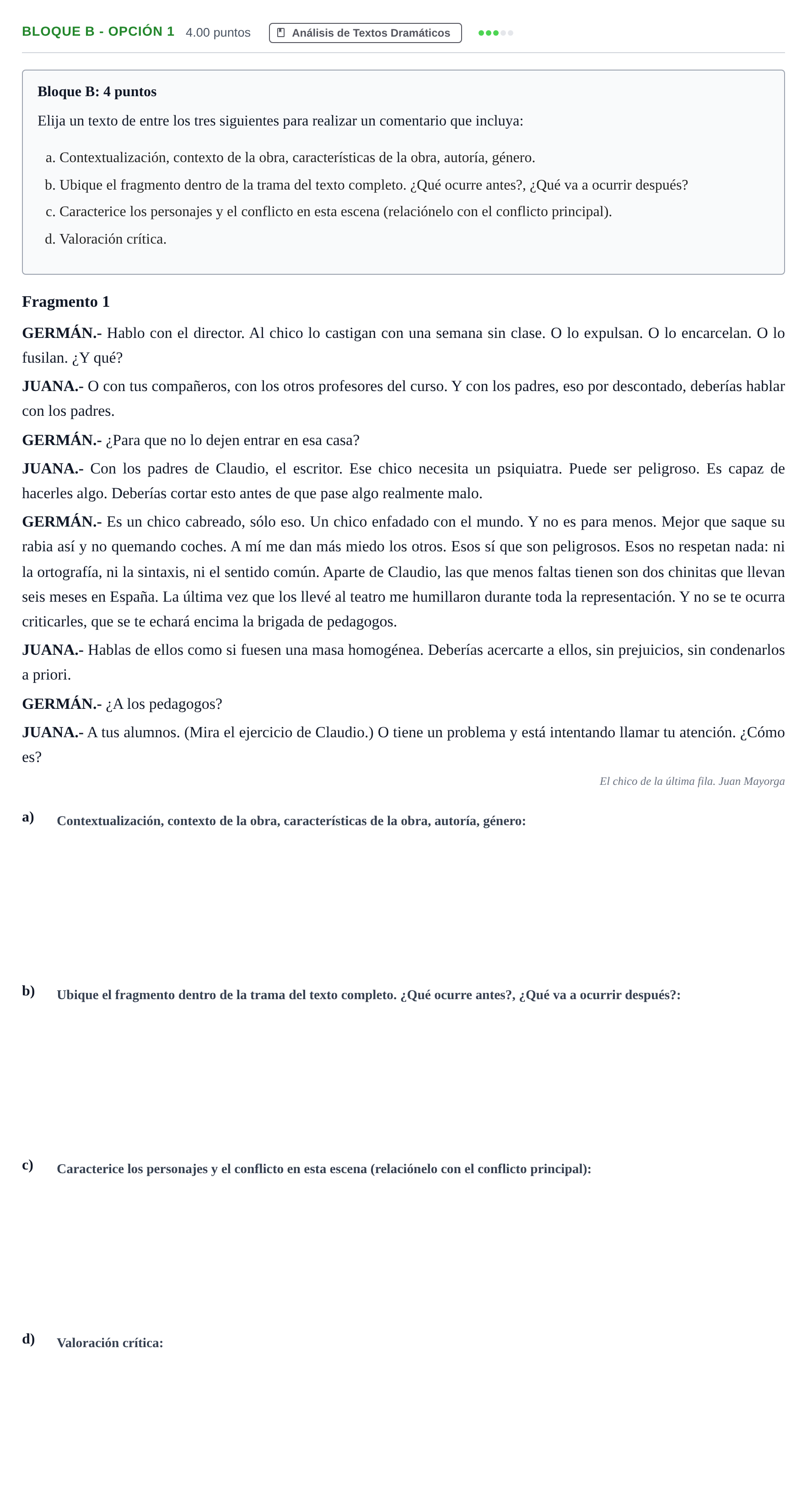 Enunciado: Bloque B - Opción 1 · Artes Escénicas PAU Andalucía Ordinaria Reserva 2024