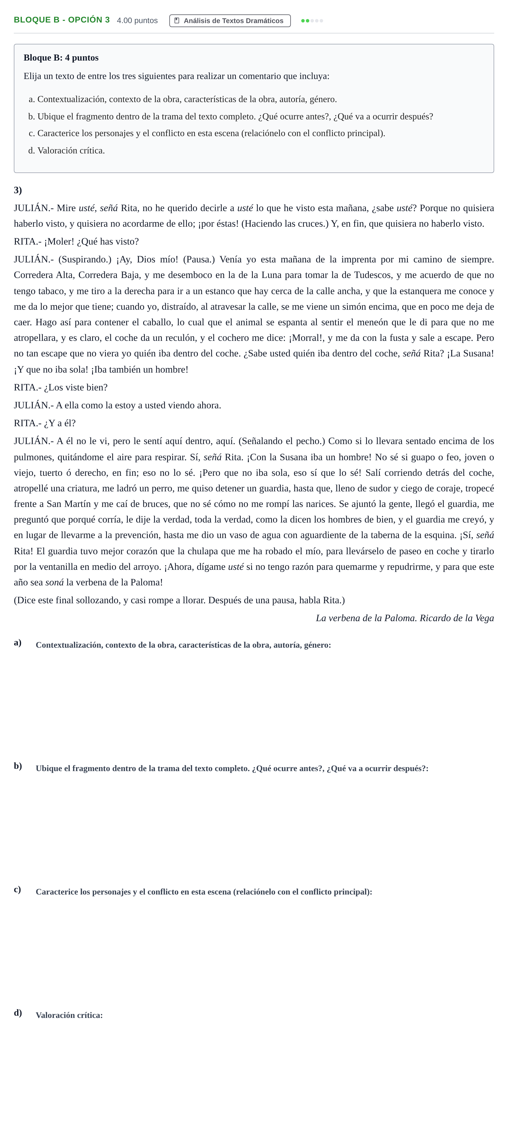 Enunciado: Bloque B - Opción 3 · Artes Escénicas PAU Andalucía Ordinaria Reserva 2024