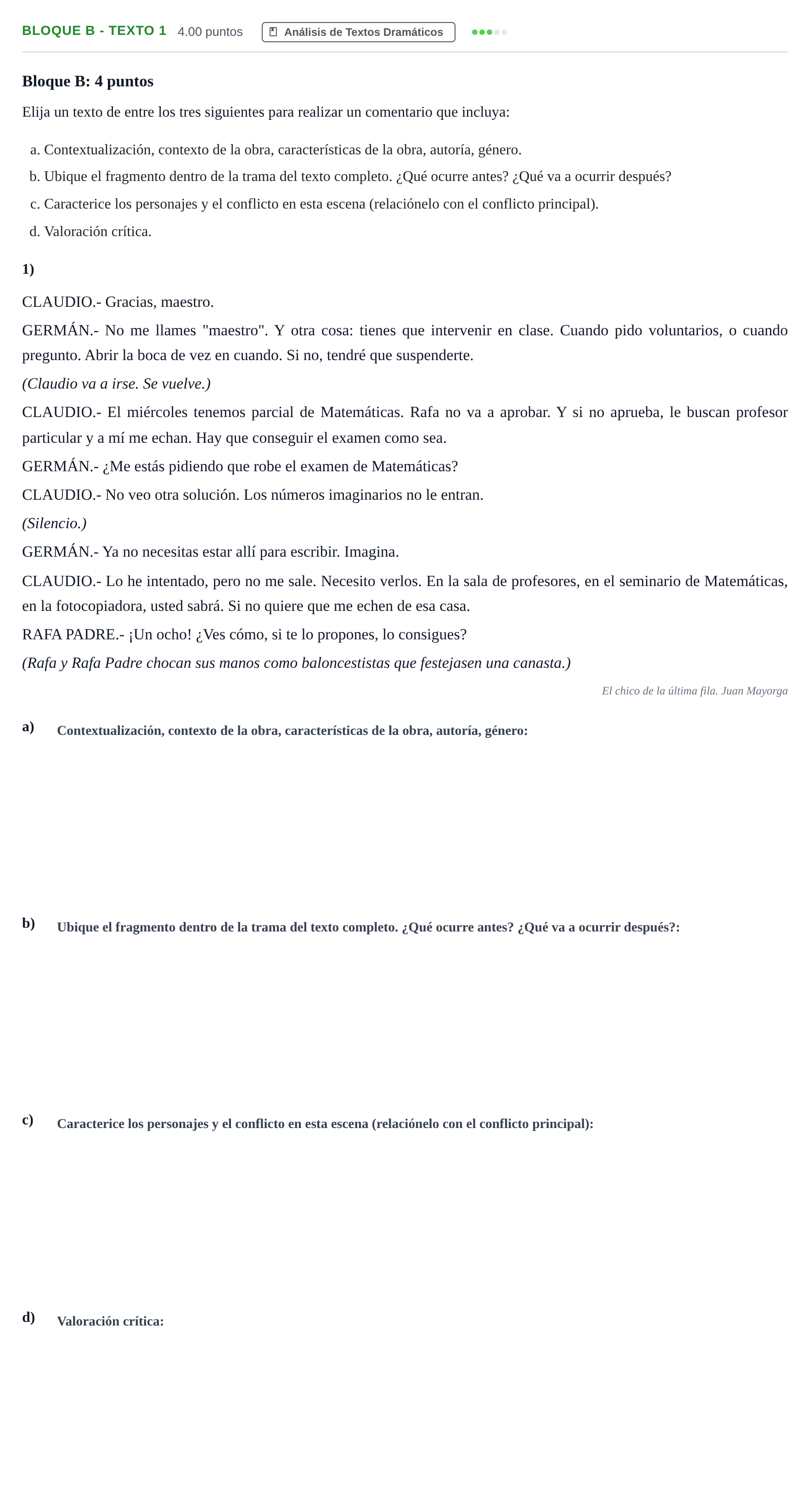 Enunciado: Bloque B - Texto 1 · Artes Escénicas PAU Andalucía Ordinaria Titular 2024