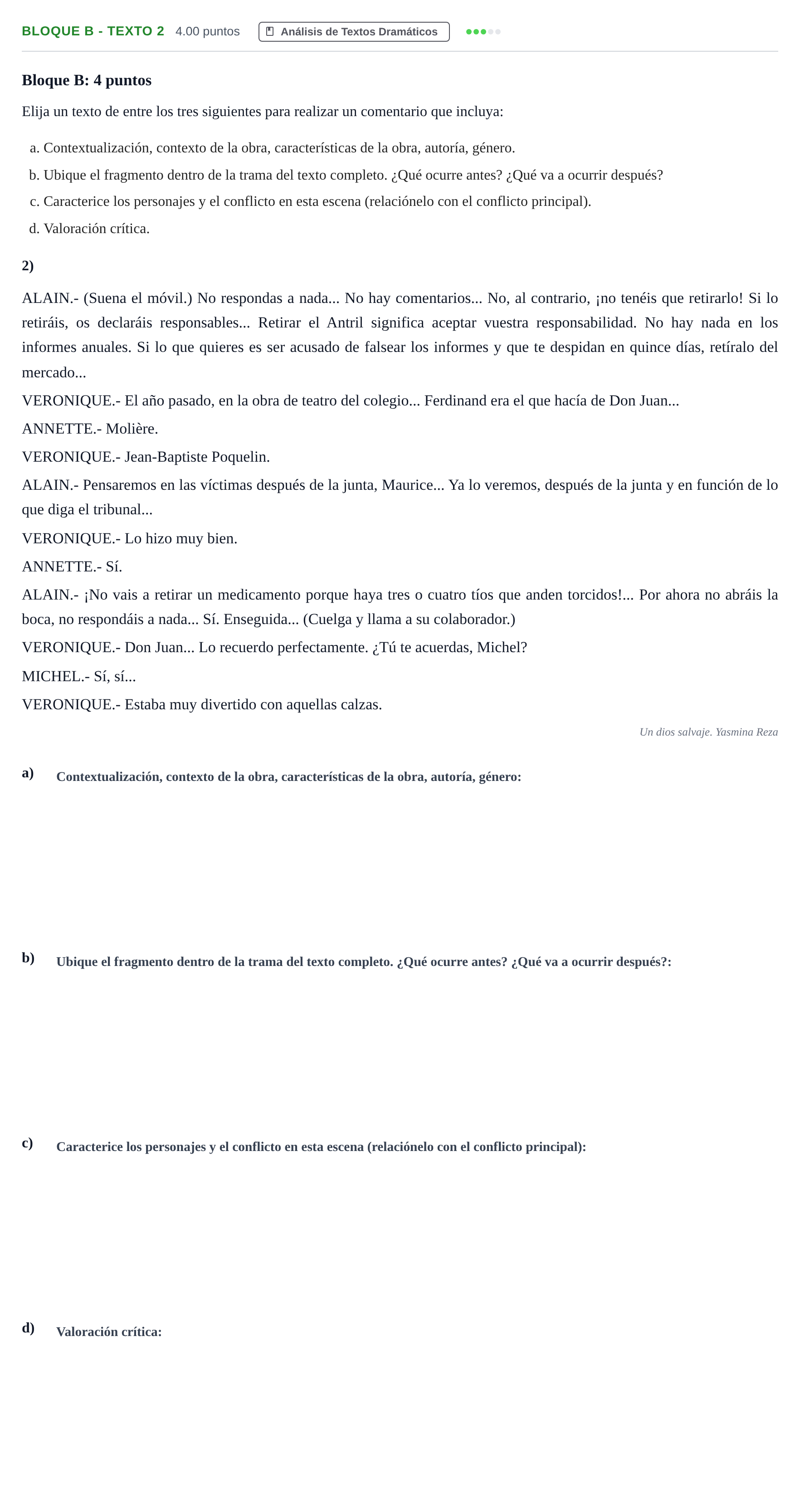 Enunciado: Bloque B - Texto 2 · Artes Escénicas PAU Andalucía Ordinaria Titular 2024