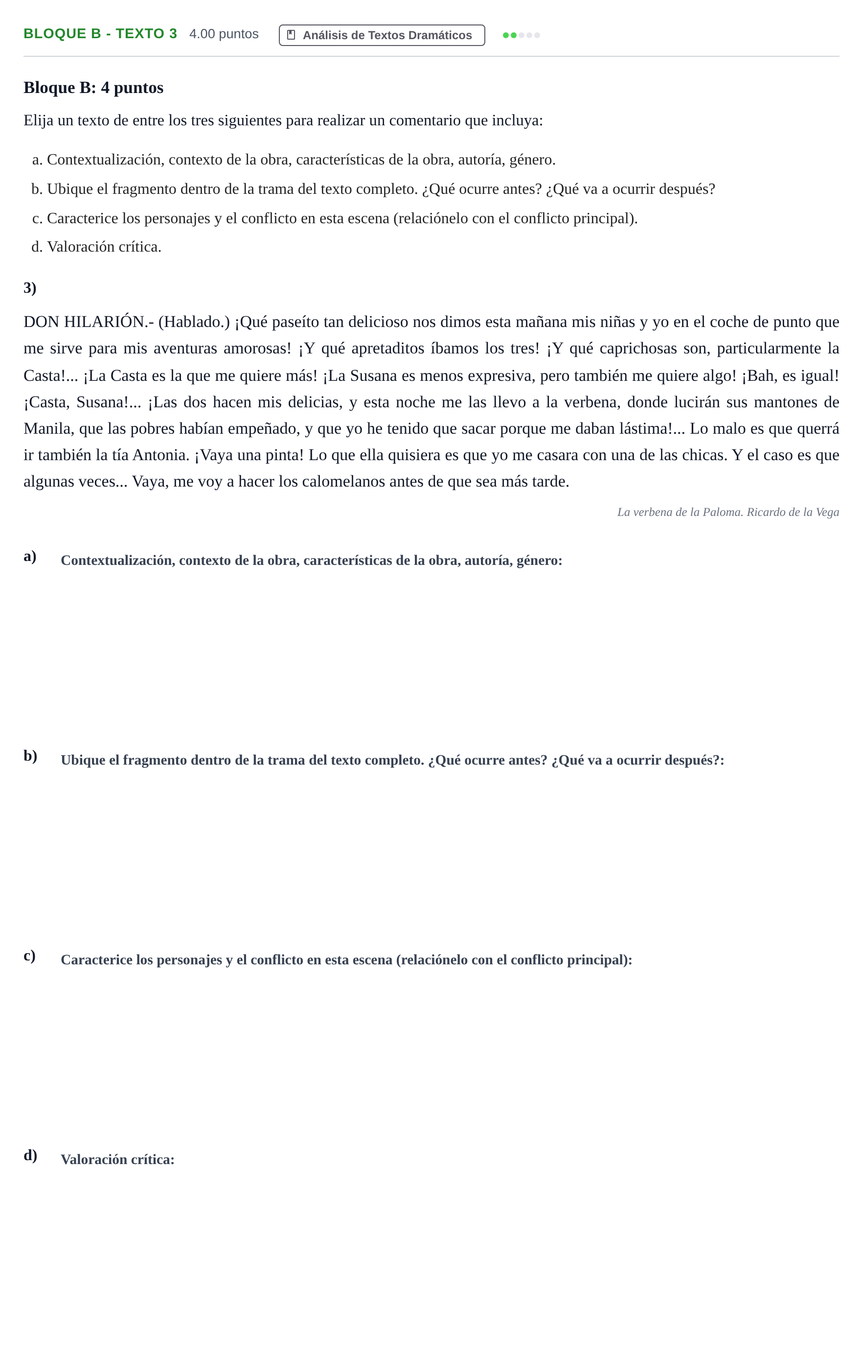 Enunciado: Bloque B - Texto 3 · Artes Escénicas PAU Andalucía Ordinaria Titular 2024