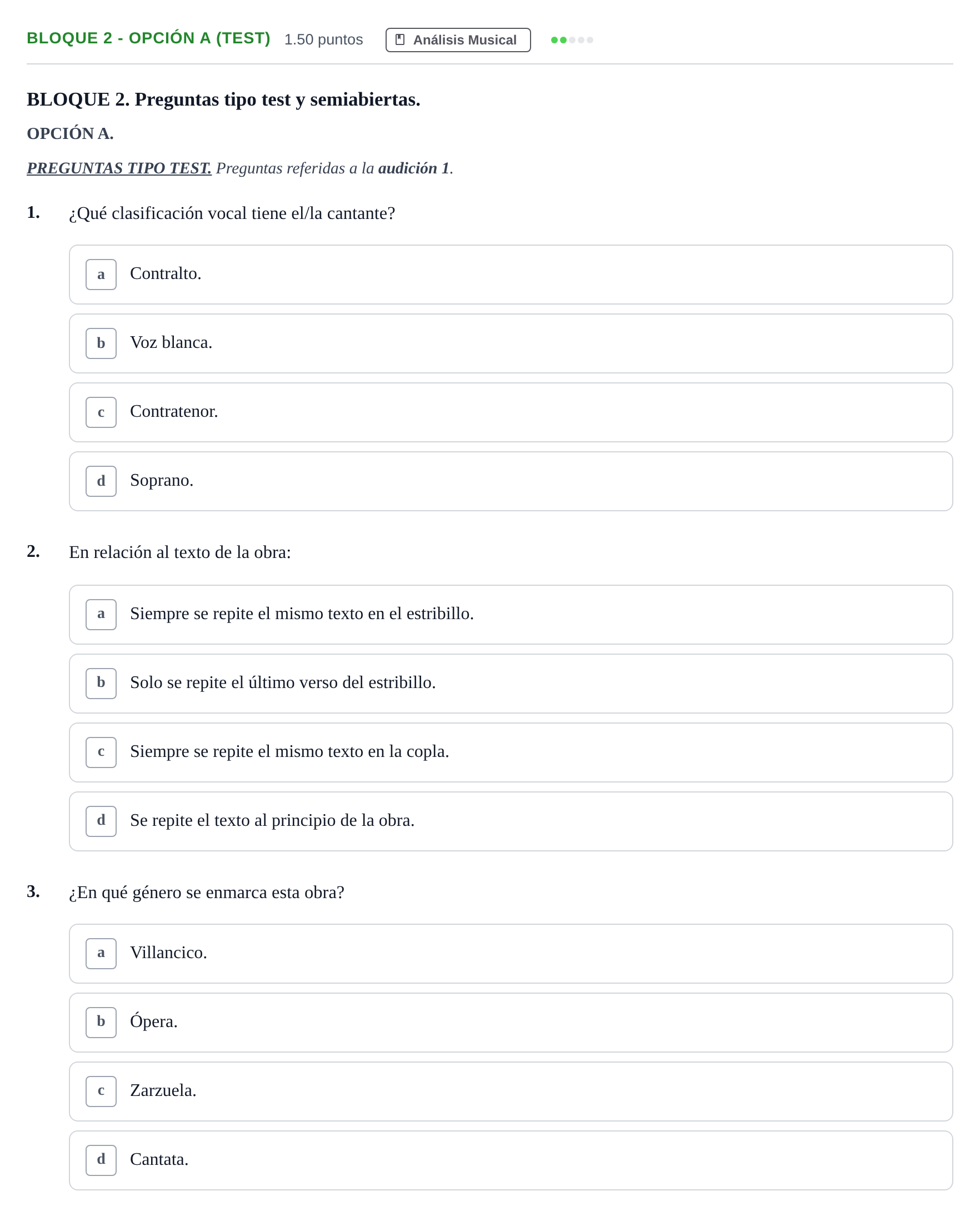 Enunciado: Bloque 2 - Opción A (Test) · Coro y Técnica Vocal II PAU Andalucía Extraordinaria Suplente 2024