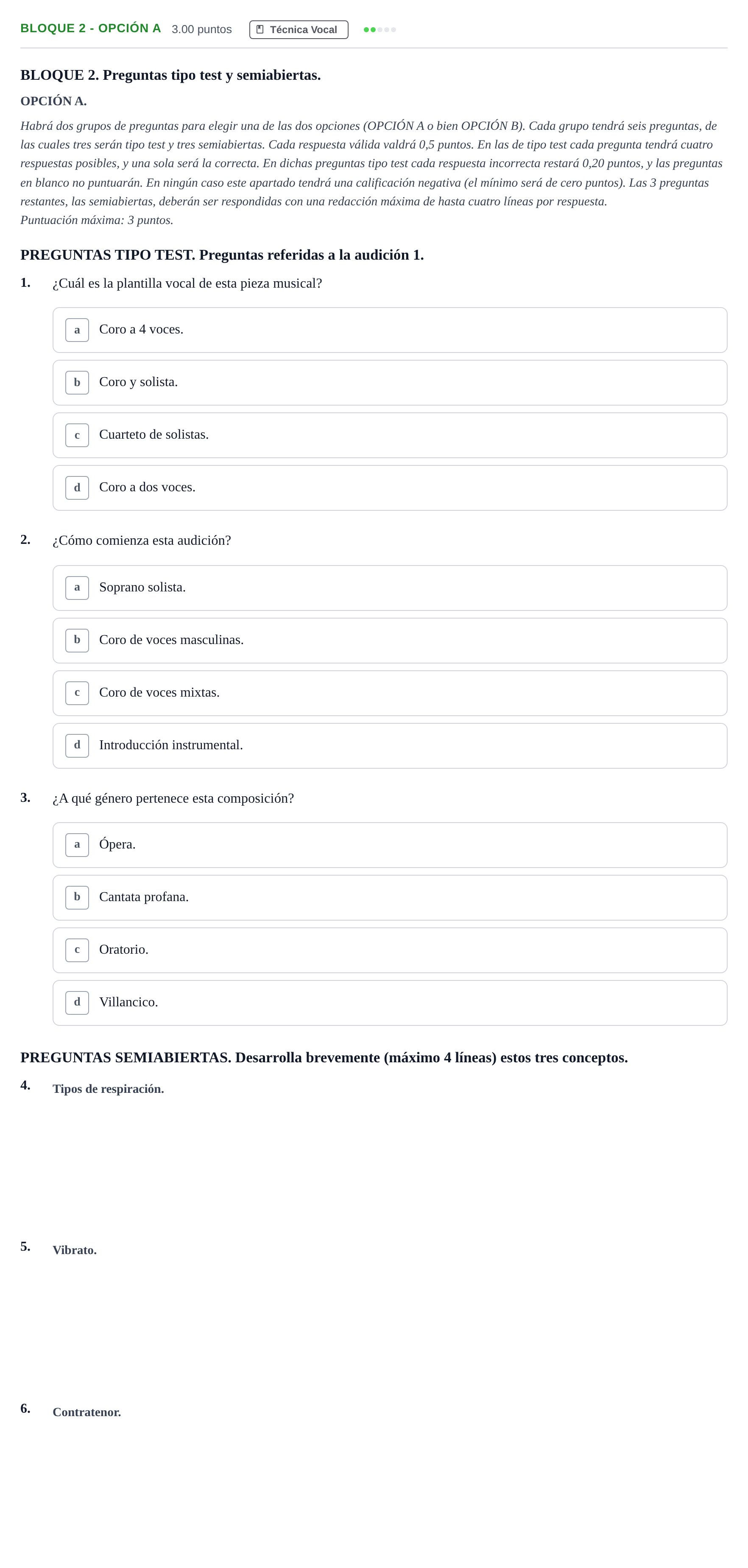 Enunciado: Bloque 2 - Opción A · Coro y Técnica Vocal II PAU Andalucía Ordinaria Reserva 2024