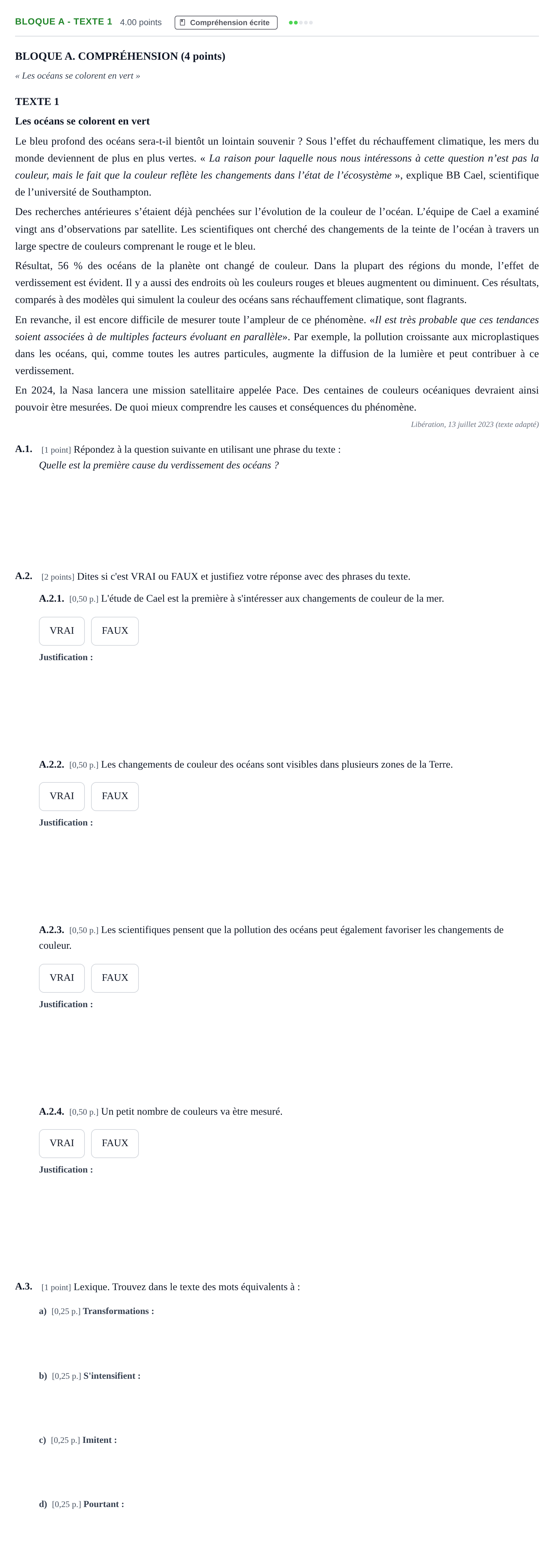 Enunciado: Bloque A - Texte 1 · Francés PAU Andalucía Extraordinaria Reserva 2024