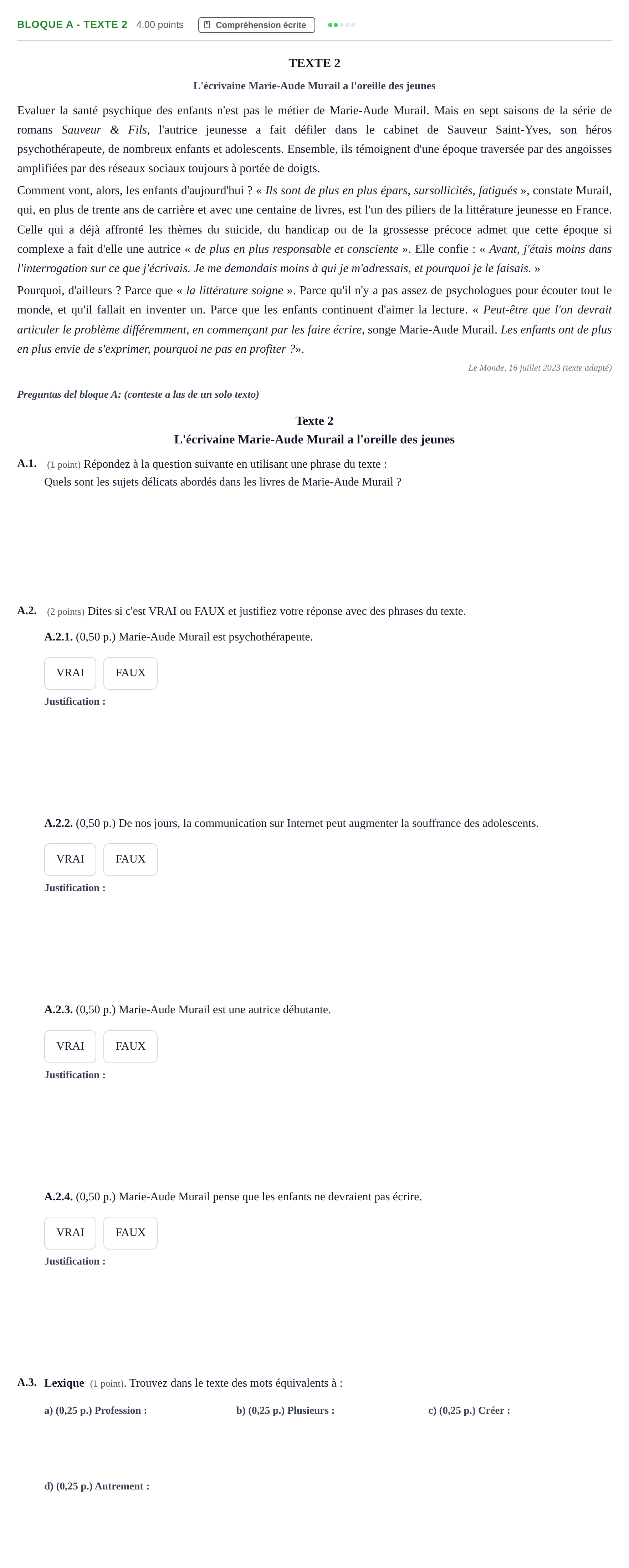Enunciado: Bloque A - Texte 2 · Francés PAU Andalucía Extraordinaria Reserva 2024