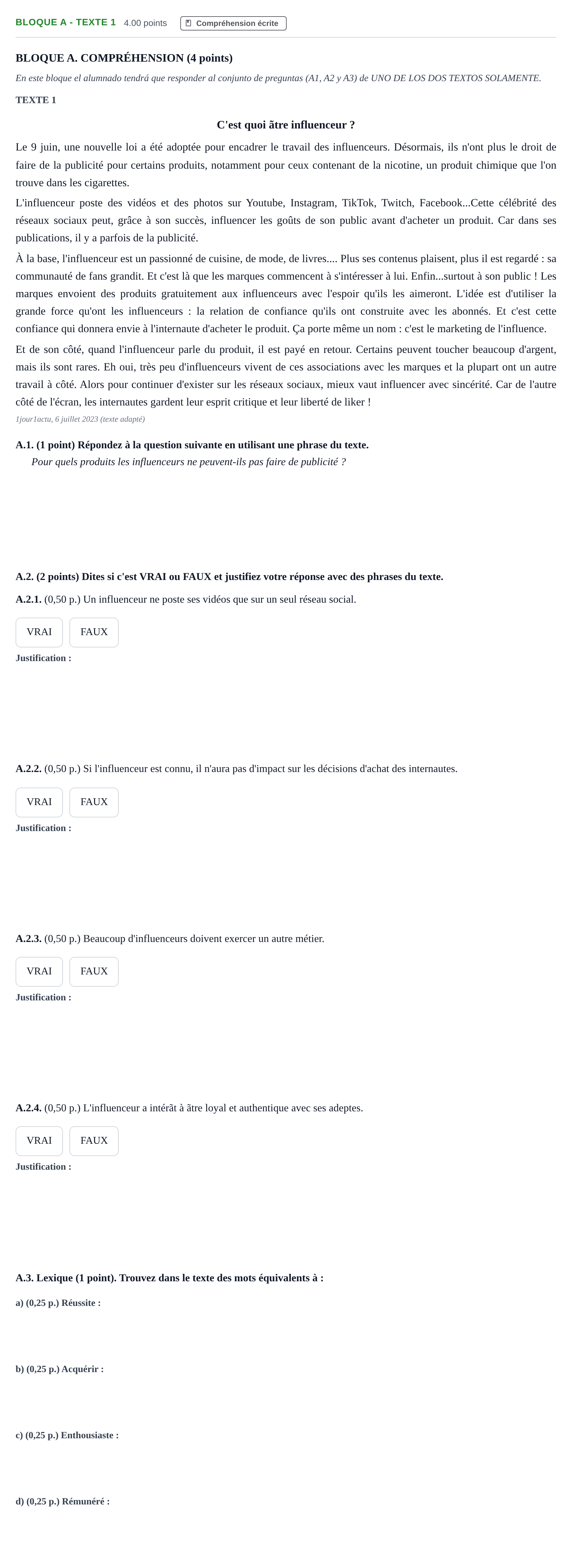 Enunciado: Bloque A - Texte 1 · Francés PAU Andalucía Extraordinaria Suplente 2024