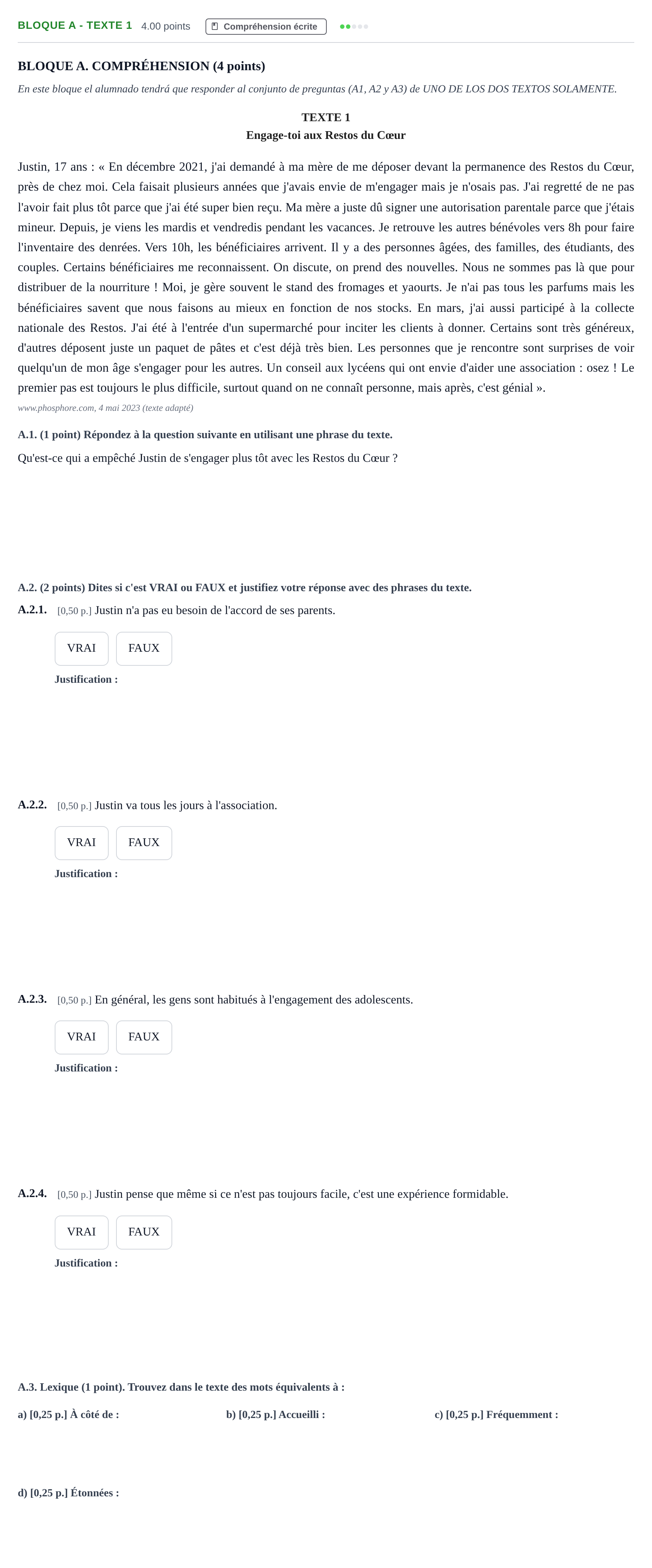 Enunciado: Bloque A - Texte 1 · Francés PAU Andalucía Extraordinaria Titular (Acceso) 2024