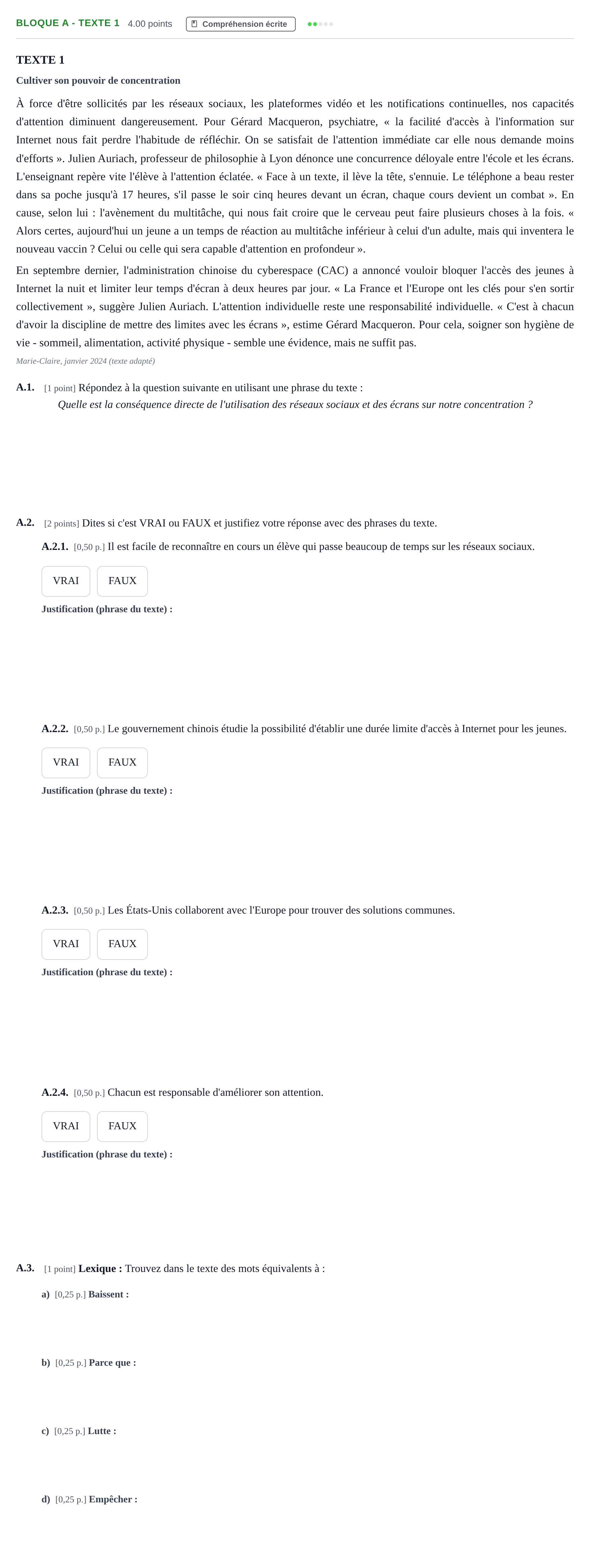 Enunciado: Bloque A - Texte 1 · Francés PAU Andalucía Extraordinaria Titular (Admisión) 2024