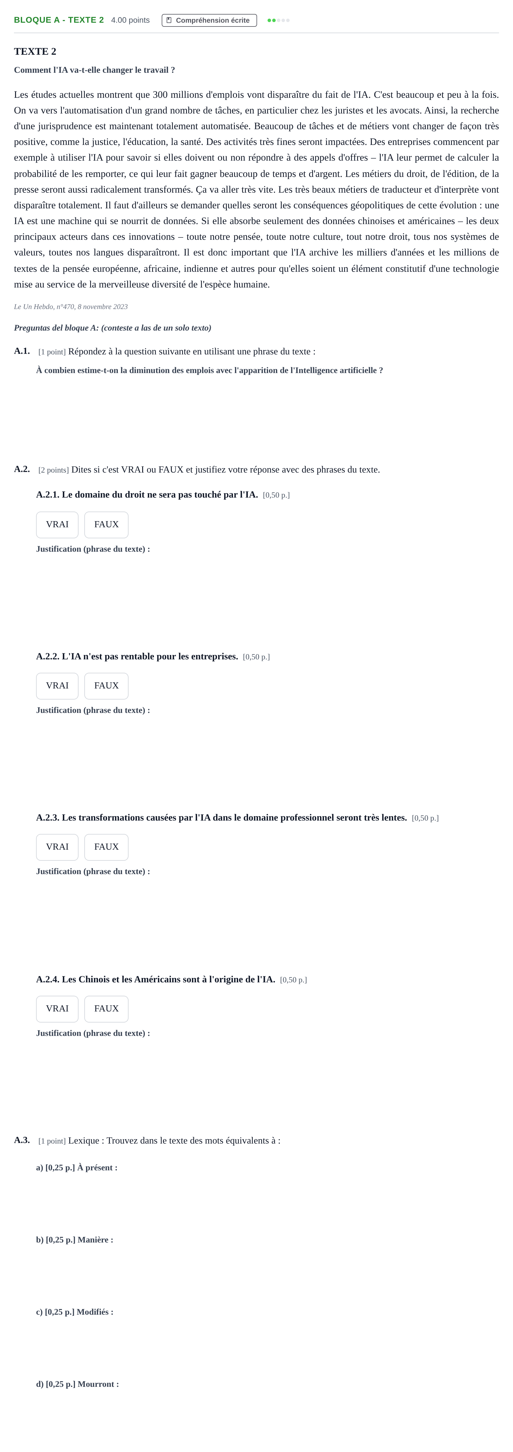 Enunciado: Bloque A - Texte 2 · Francés PAU Andalucía Ordinaria Reserva 2024