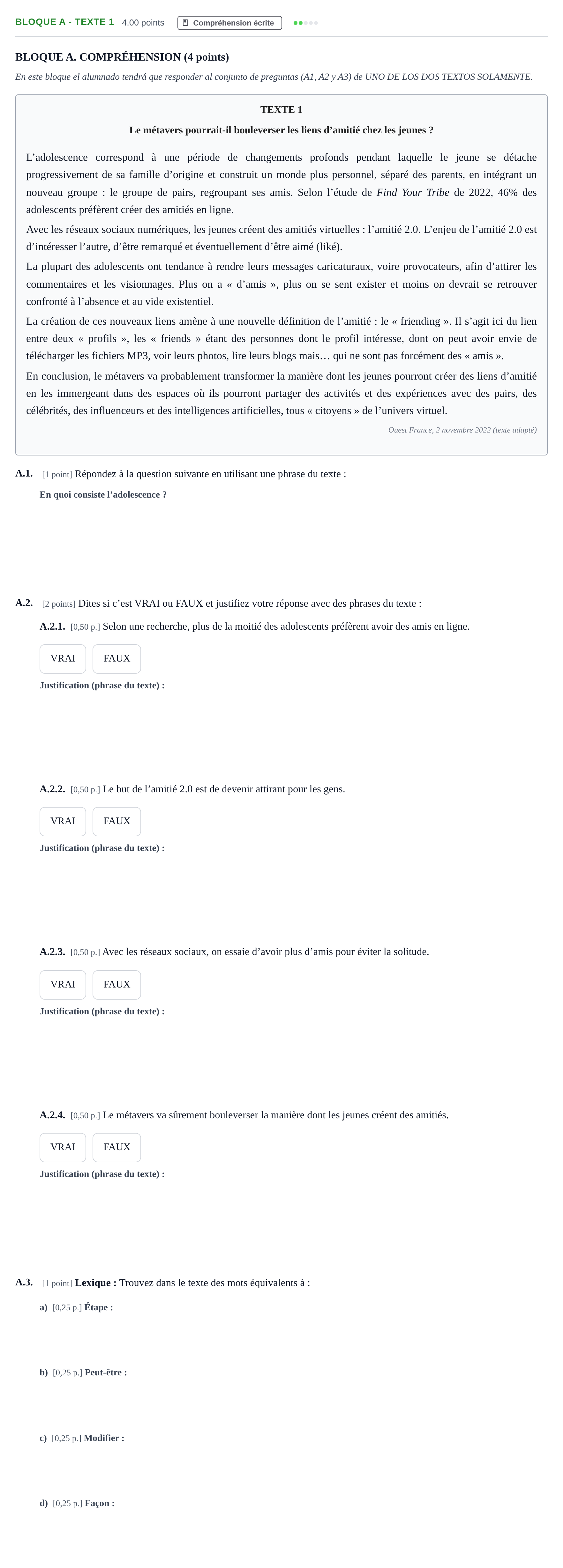 Enunciado: Bloque A - Texte 1 · Francés PAU Andalucía Ordinaria Titular (Admisión) 2024