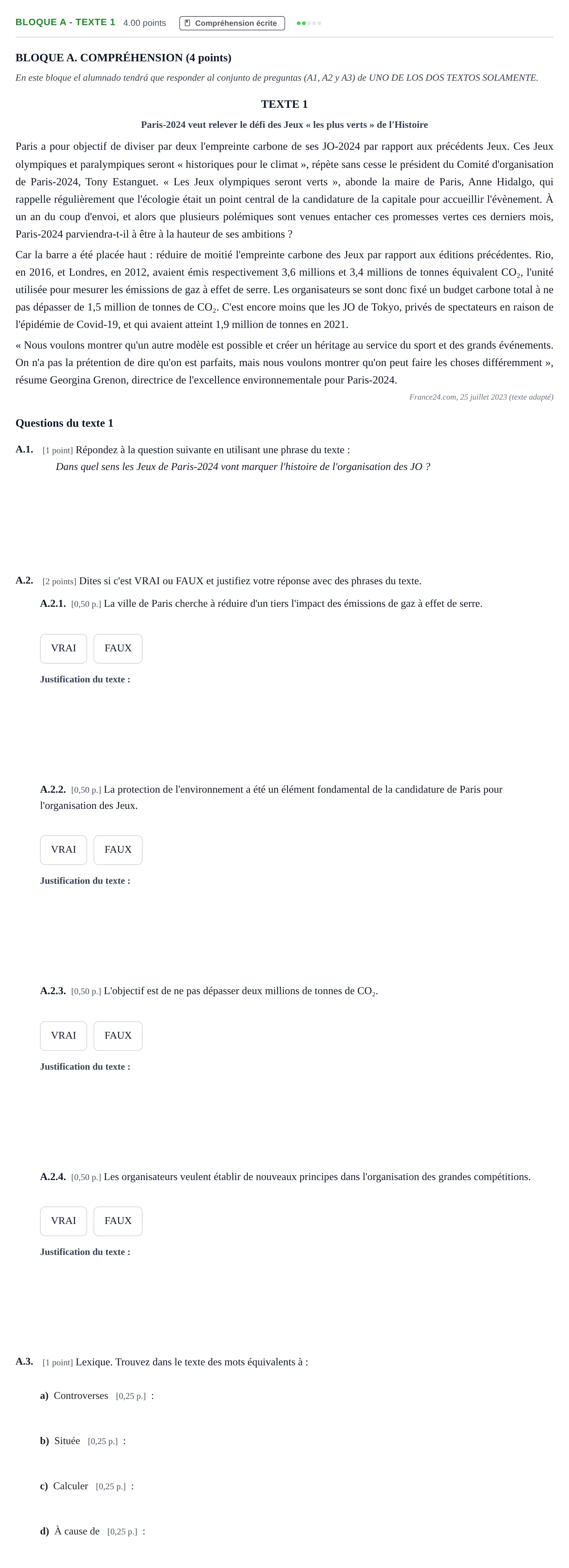 Enunciado: Bloque A - Texte 1 · Francés PAU Andalucía Ordinaria Titular (Acceso) 2024