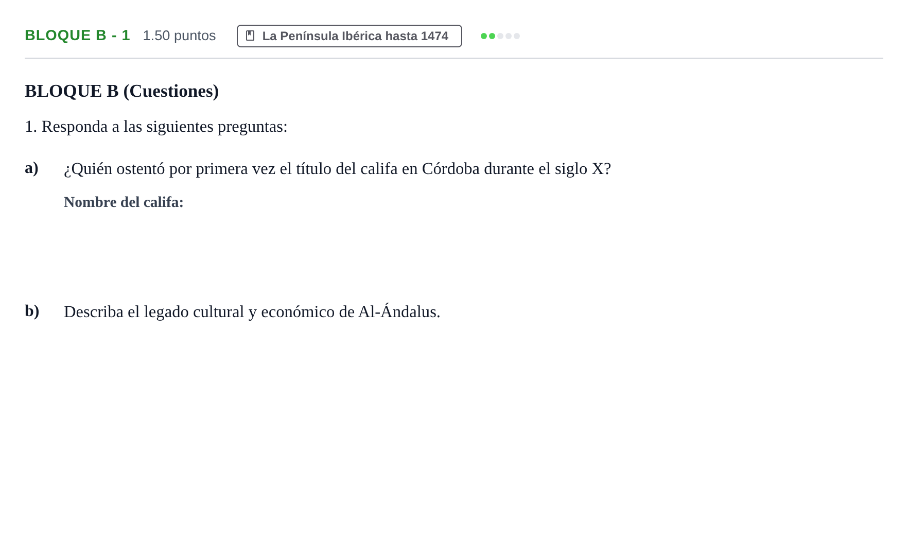 Enunciado: Bloque B - 1 · Historia de España PAU Andalucía Extraordinaria Reserva 2024