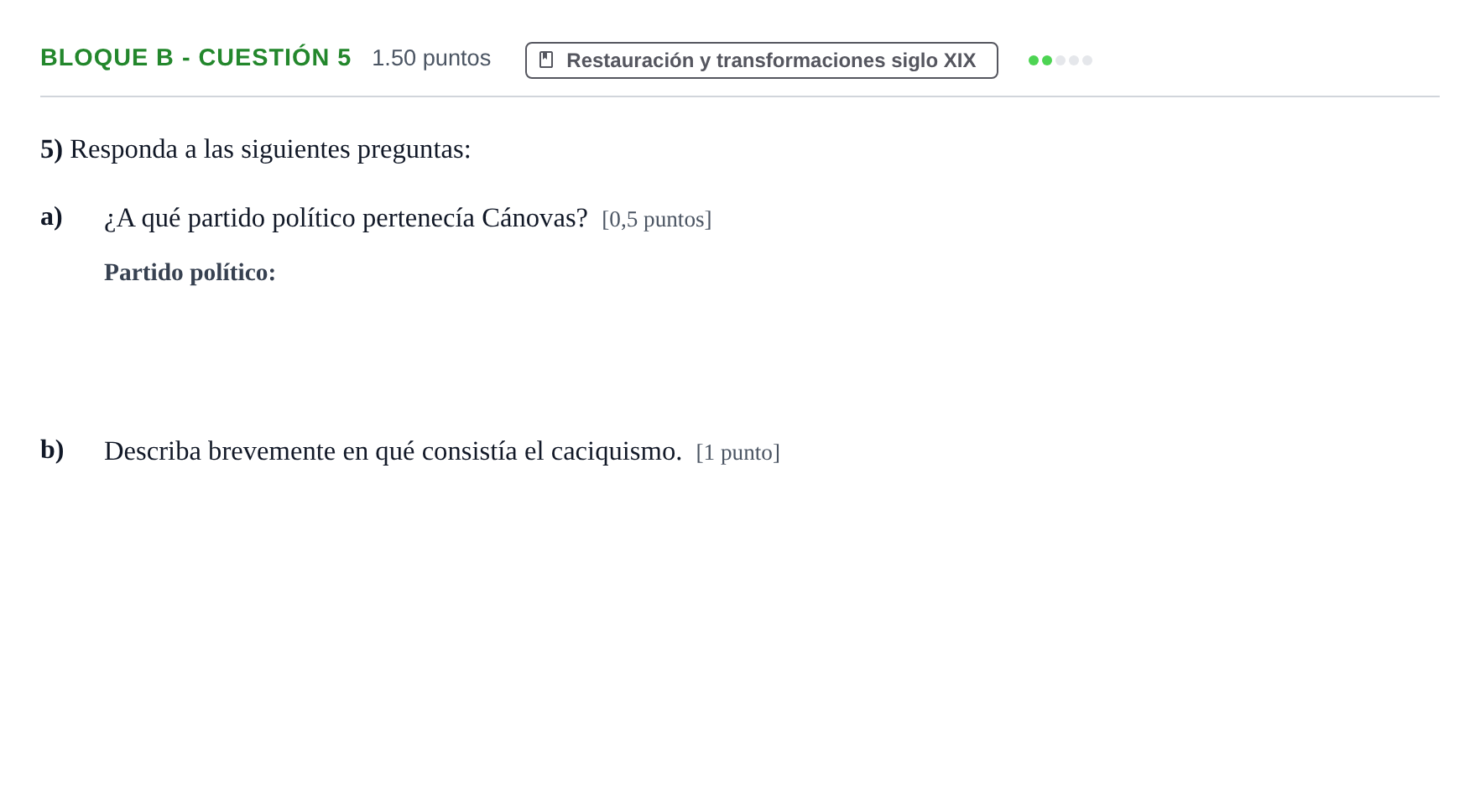 Enunciado: Bloque B - Cuestión 5 · Historia de España PAU Andalucía Ordinaria Reserva 2024