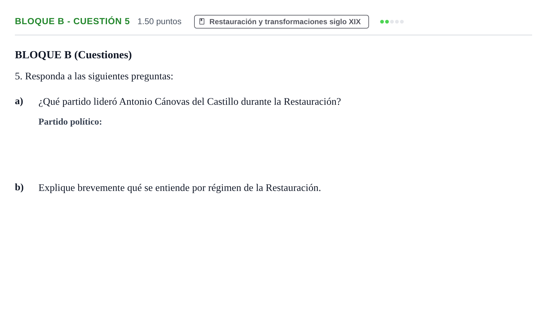 Enunciado: Bloque B - Cuestión 5 · Historia de España PAU Andalucía Ordinaria Suplente 2024