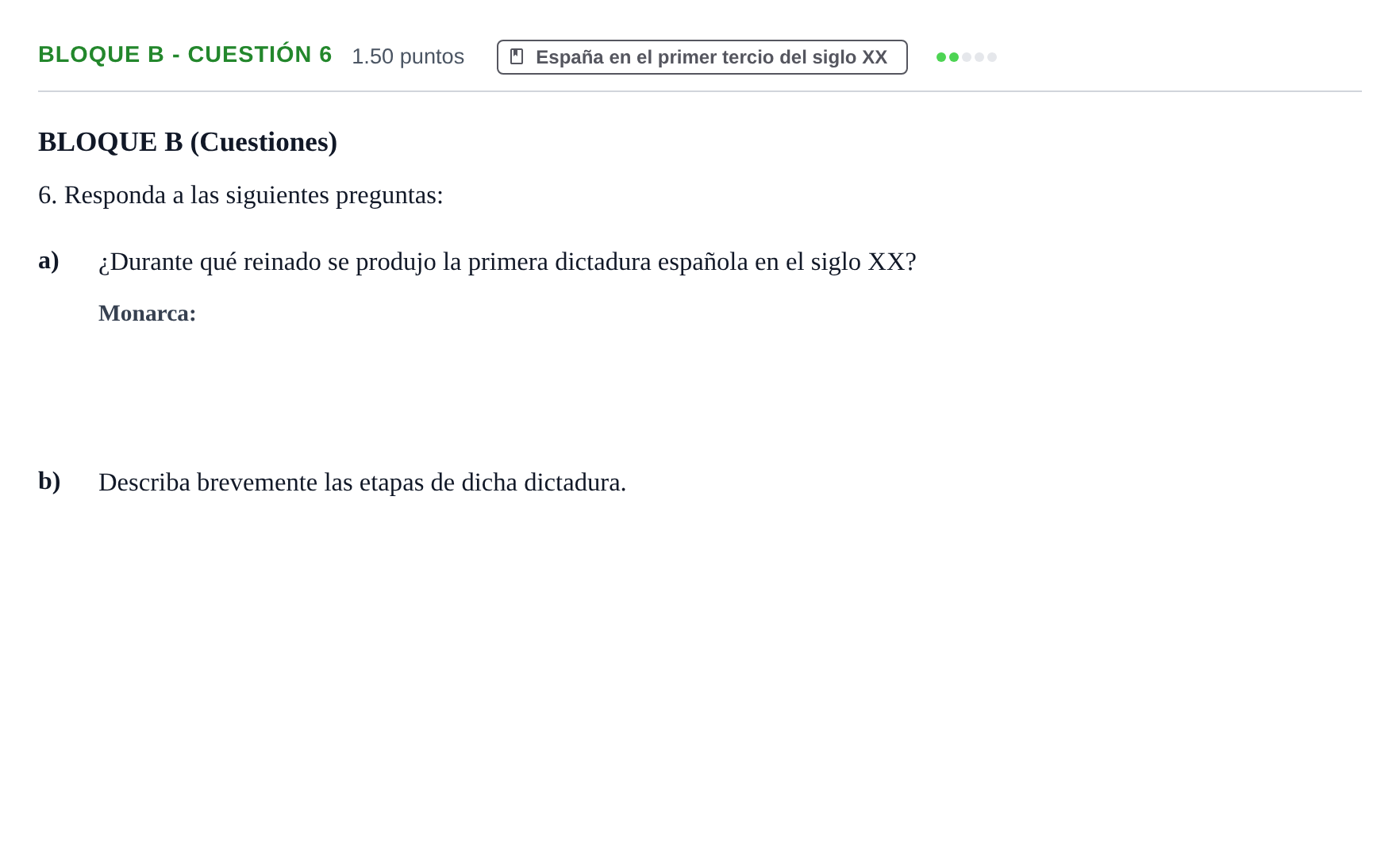 Enunciado: Bloque B - Cuestión 6 · Historia de España PAU Andalucía Ordinaria Suplente 2024