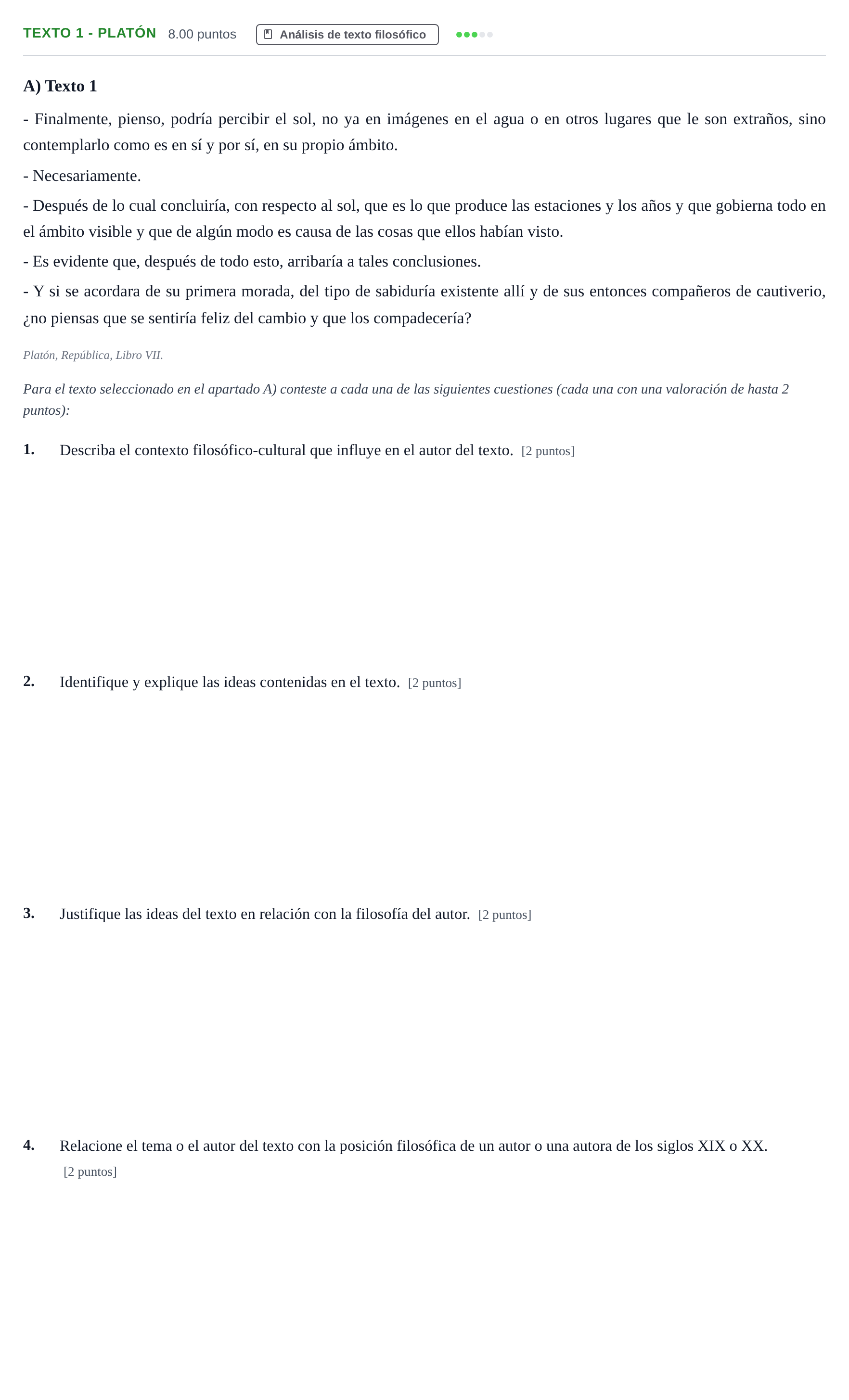 Enunciado: Ejercicio Texto 1 - Platón · Historia de la Filosofía PAU Andalucía Extraordinaria Reserva 2024