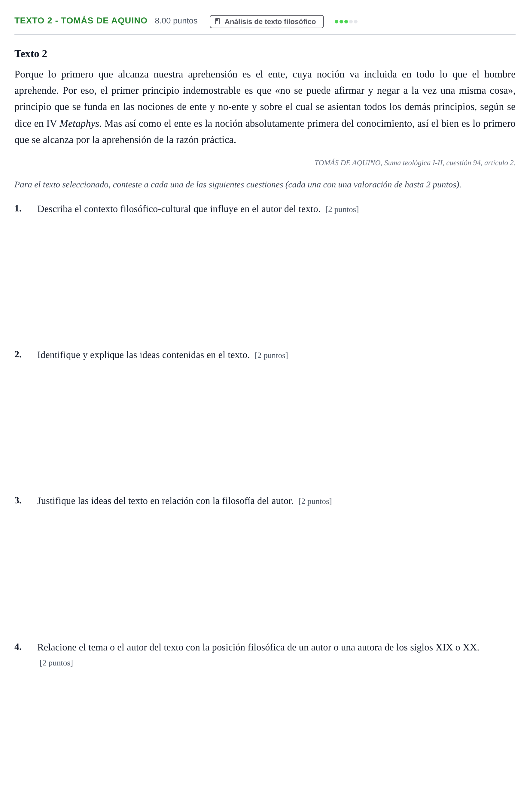 Enunciado: Ejercicio Texto 2 - Tomás de Aquino · Historia de la Filosofía PAU Andalucía Extraordinaria Suplente 2024
