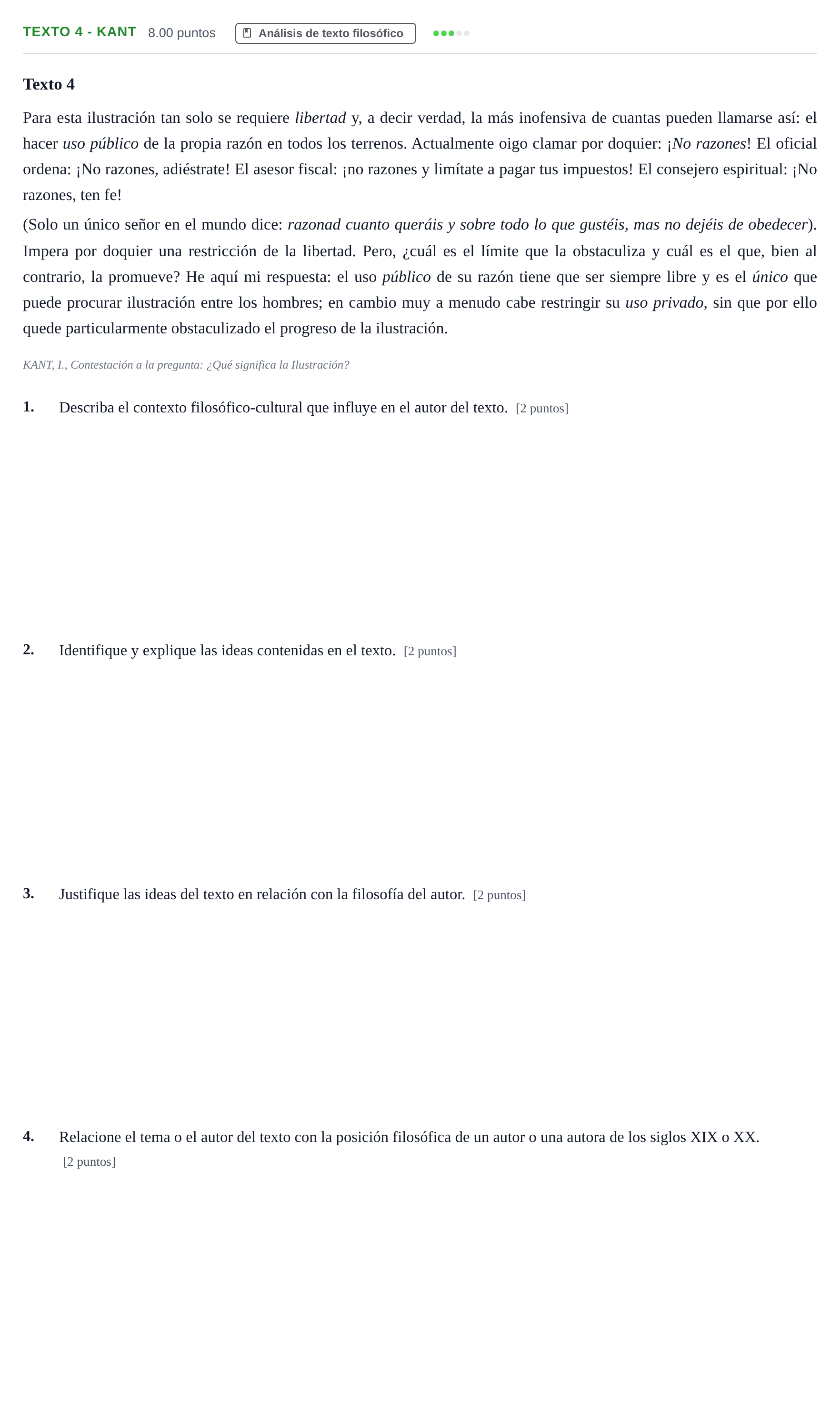 Enunciado: Ejercicio Texto 4 - Kant · Historia de la Filosofía PAU Andalucía Ordinaria Reserva 2024
