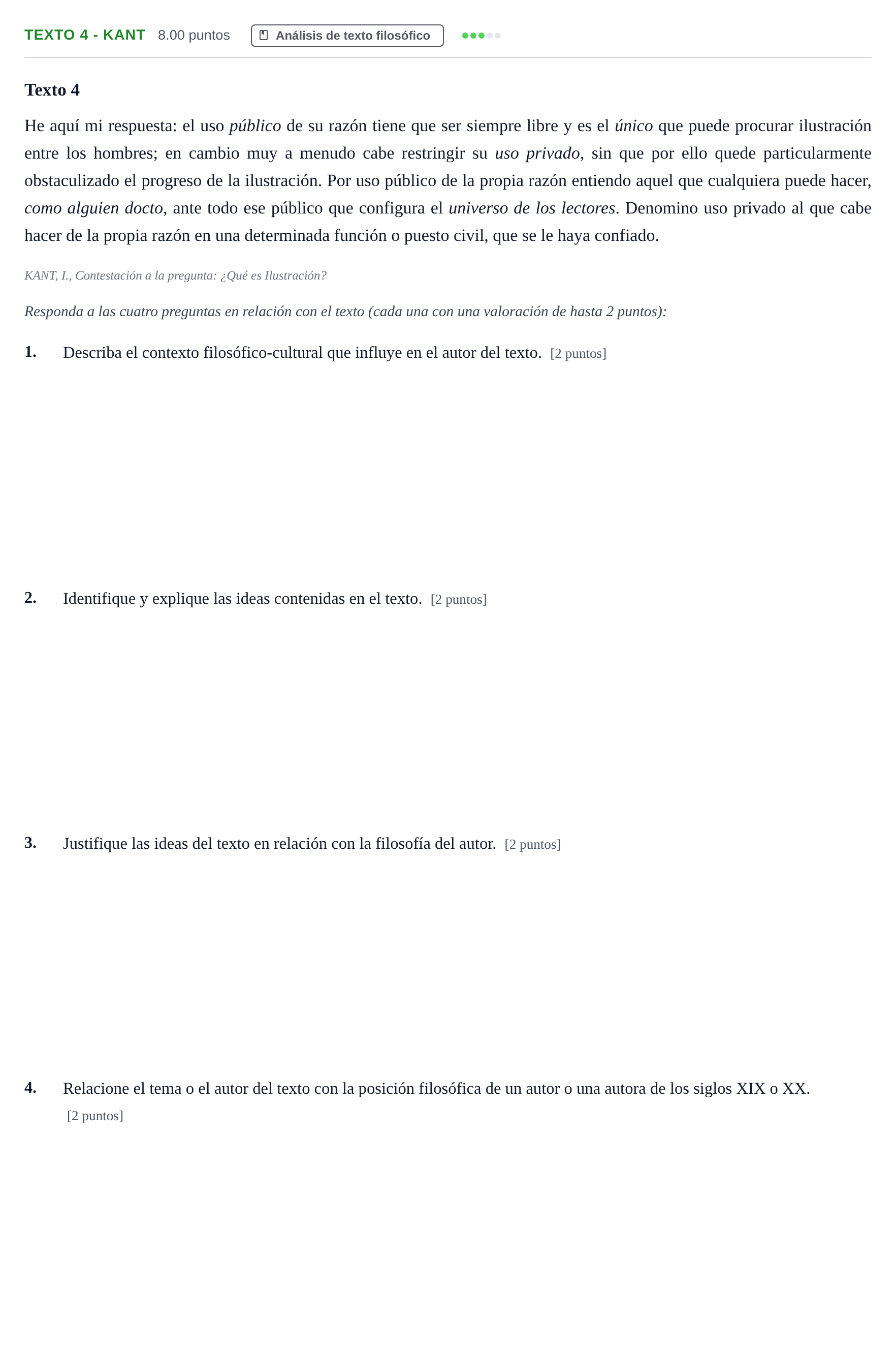Enunciado: Ejercicio Texto 4 - Kant · Historia de la Filosofía PAU Andalucía Ordinaria Suplente 2024