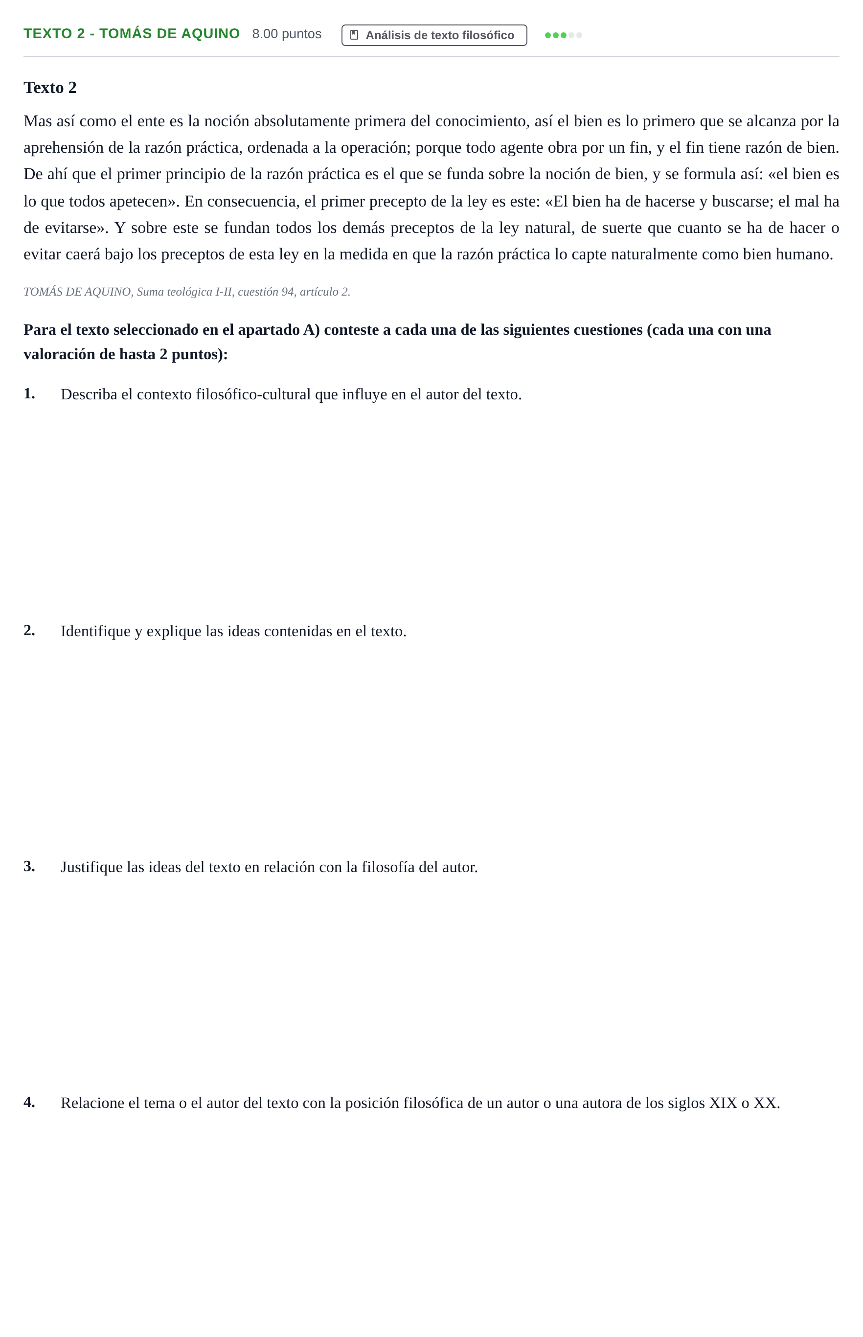 Enunciado: Ejercicio Texto 2 - Tomás de Aquino · Historia de la Filosofía PAU Andalucía Ordinaria Titular 2024