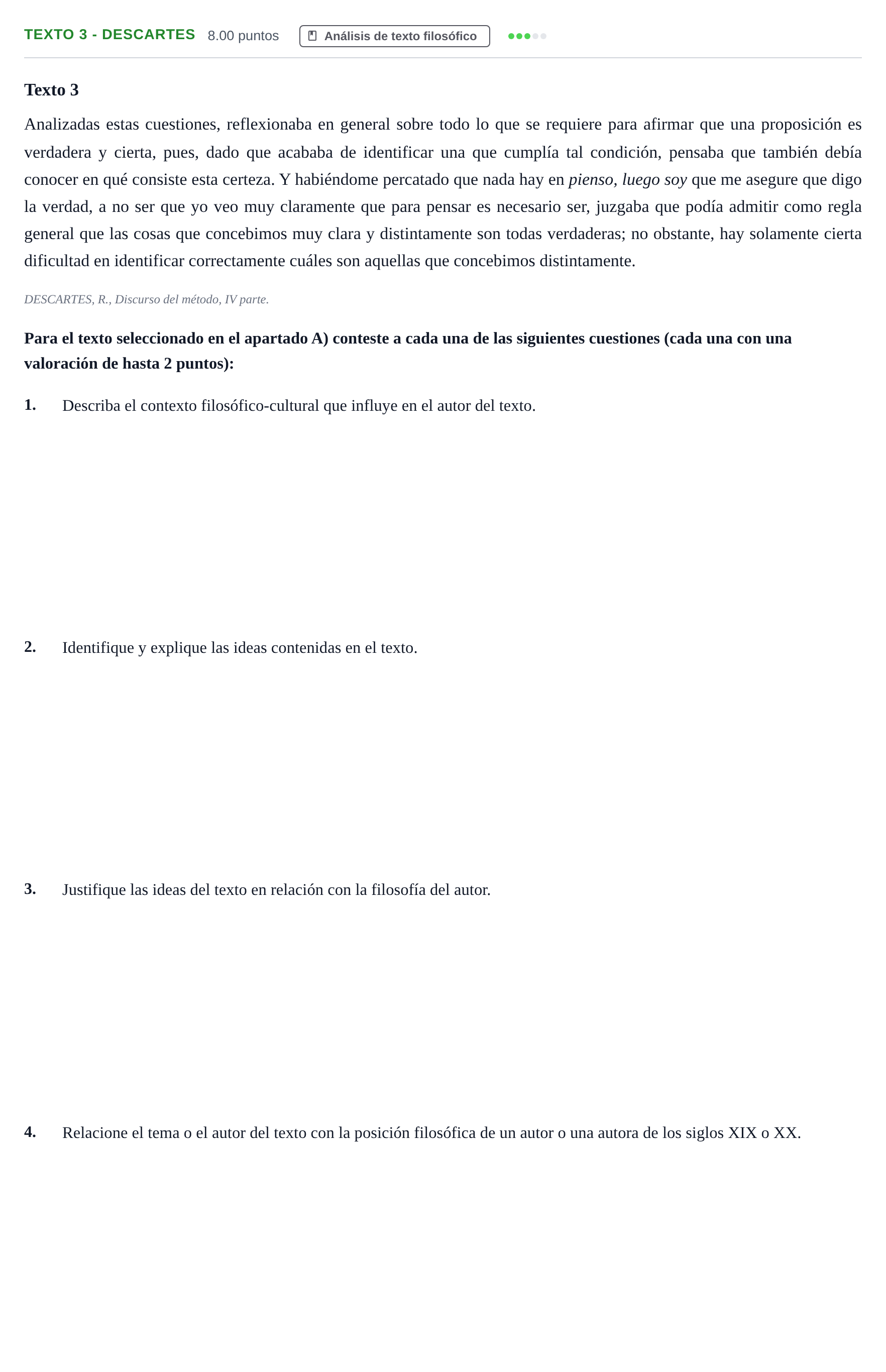 Enunciado: Ejercicio Texto 3 - Descartes · Historia de la Filosofía PAU Andalucía Ordinaria Titular 2024
