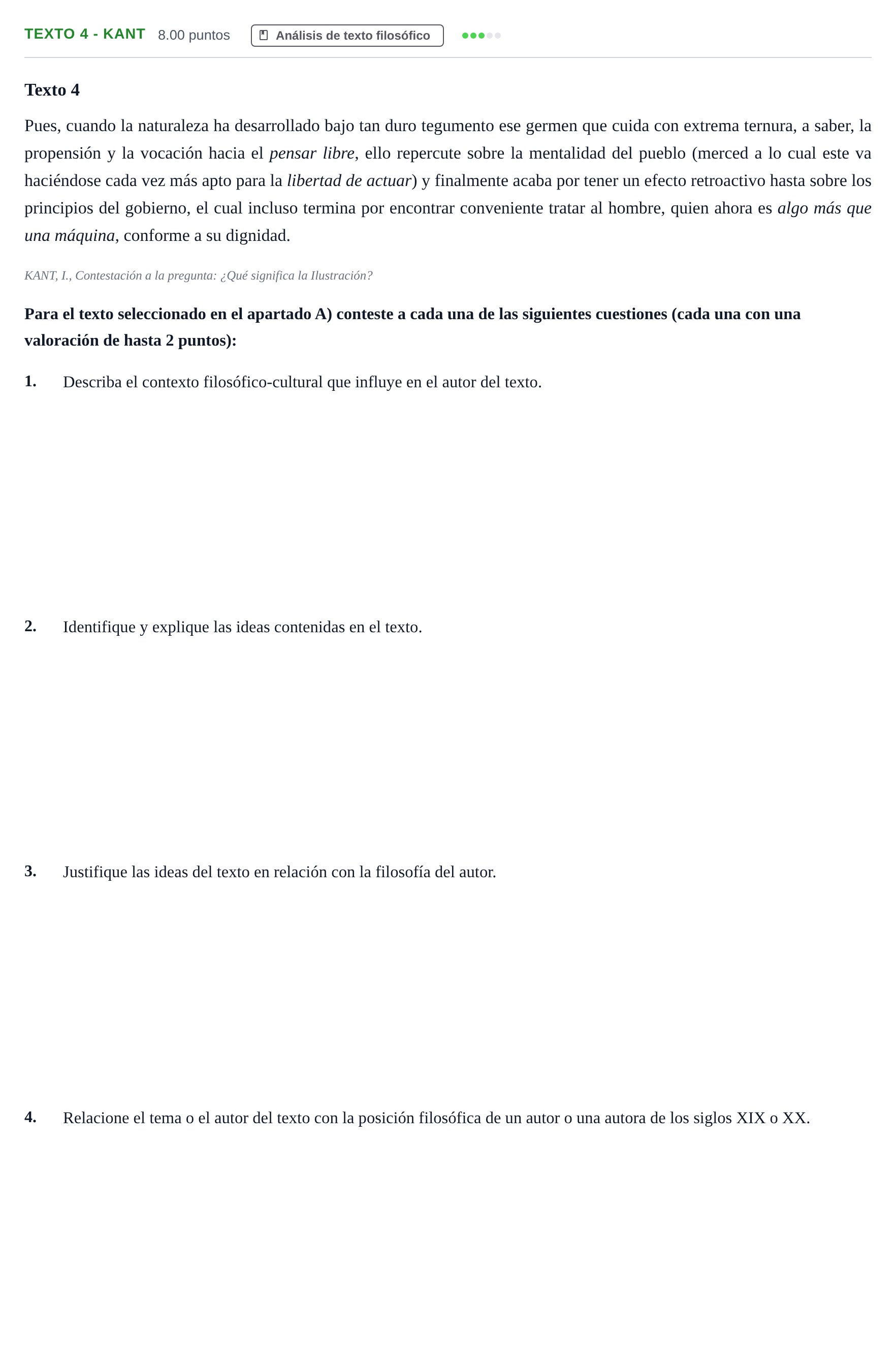 Enunciado: Ejercicio Texto 4 - Kant · Historia de la Filosofía PAU Andalucía Ordinaria Titular 2024