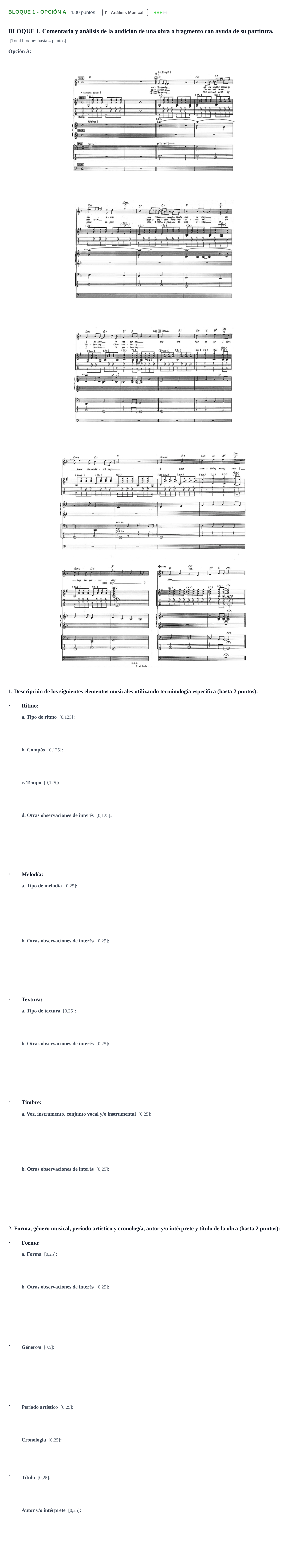 Enunciado: Bloque 1 - Opción A · Historia de la Música y de la Danza PAU Andalucía Extraordinaria Titular 2024