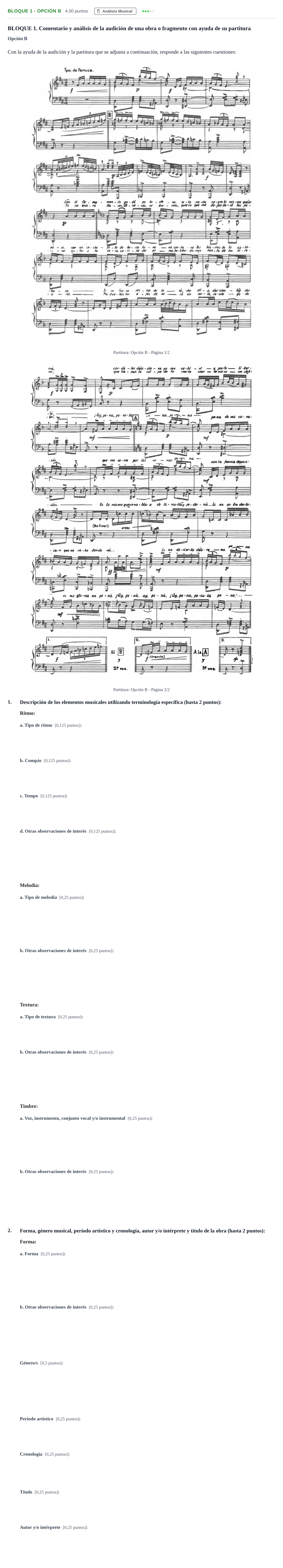 Enunciado: Bloque 1 - Opción B · Historia de la Música y de la Danza PAU Andalucía Extraordinaria Suplente 2024