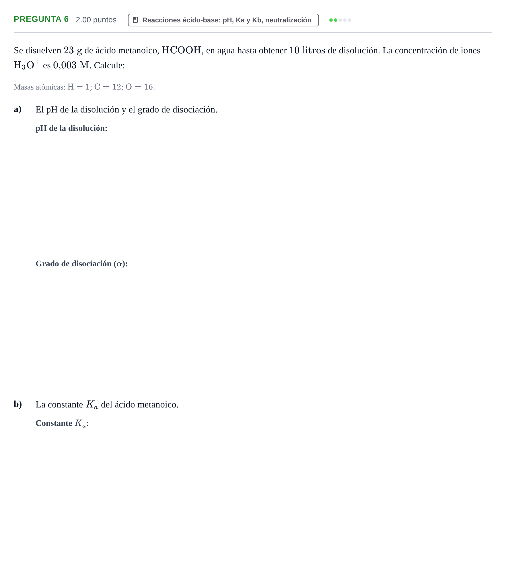 Enunciado: Pregunta 6 · Química PAU Castilla-La Mancha Ordinaria 2022