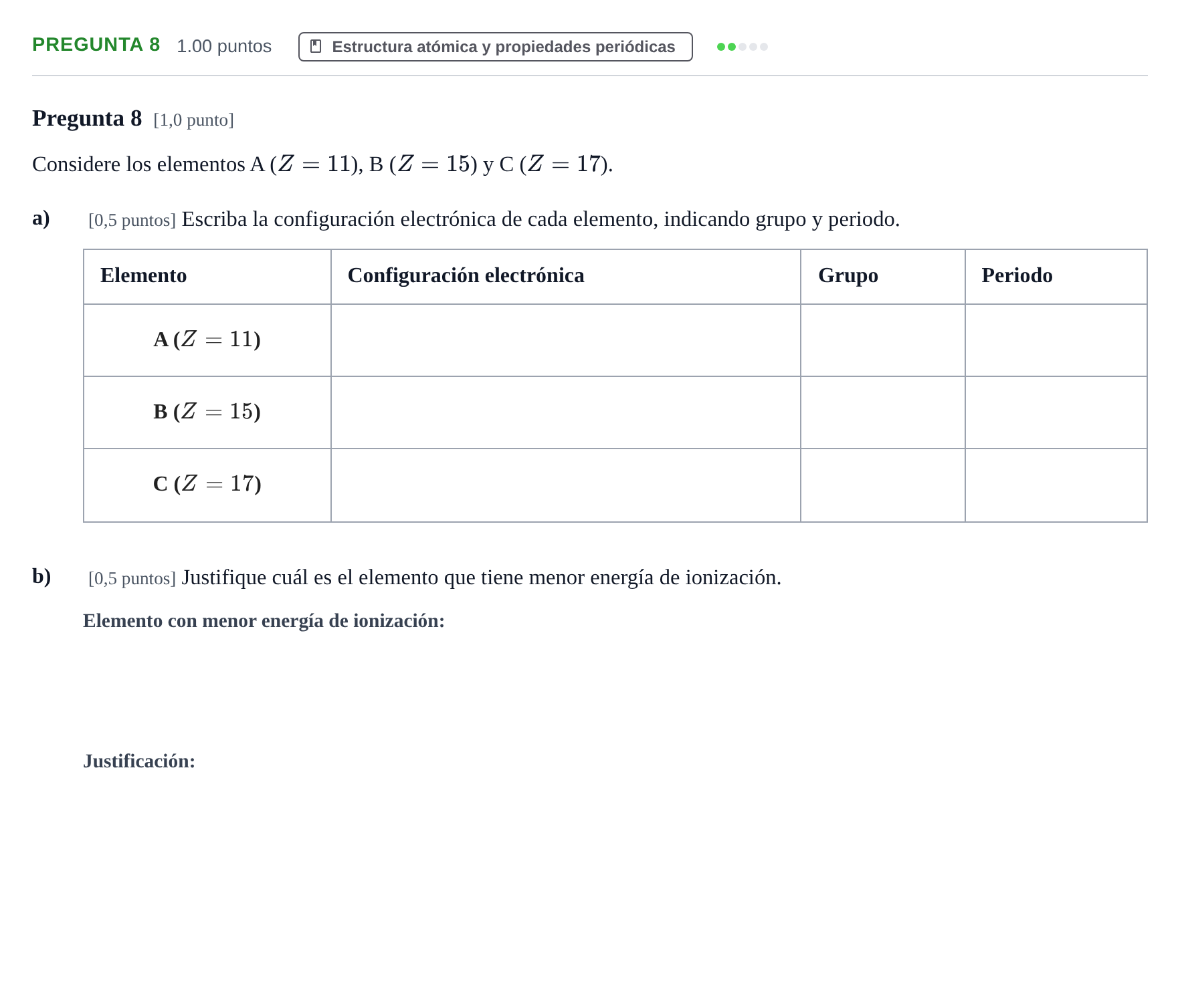 Enunciado: Pregunta 8 · Química PAU Castilla-La Mancha Ordinaria 2022