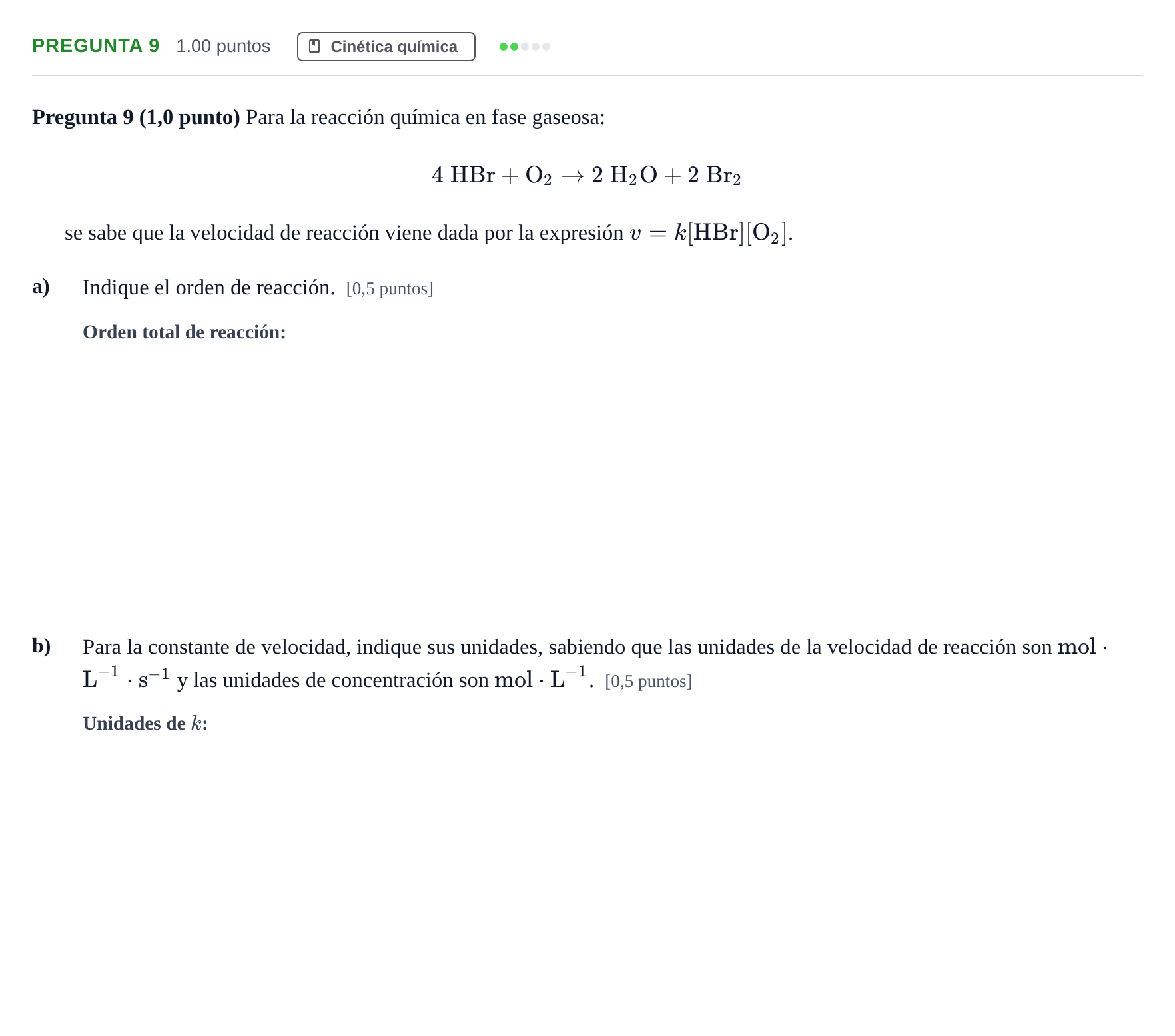 Enunciado: Pregunta 9 · Química PAU Castilla-La Mancha Ordinaria 2022