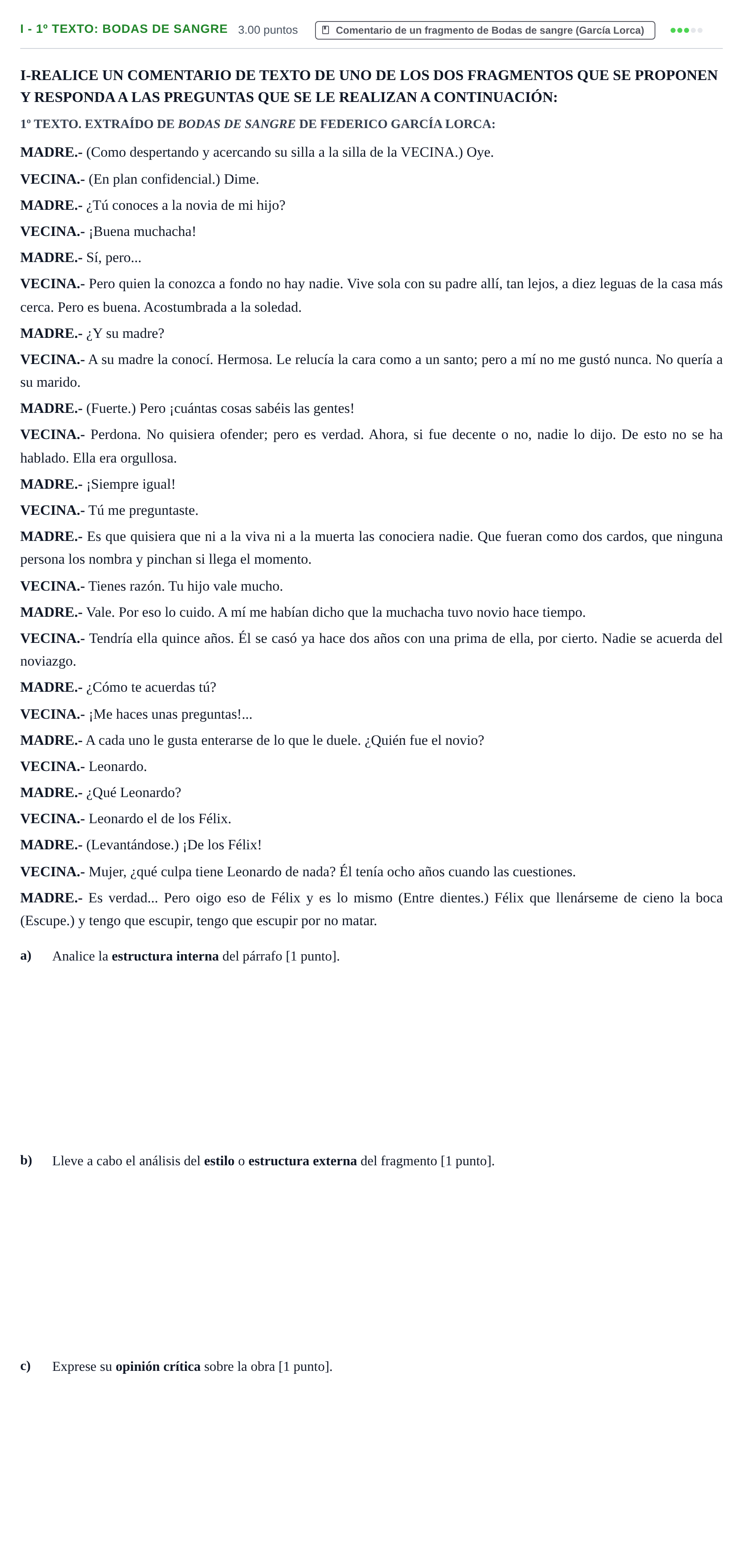 Enunciado: Ejercicio I - 1º Texto: Bodas de sangre · Artes Escénicas PAU Castilla-La Mancha Ordinaria 2021