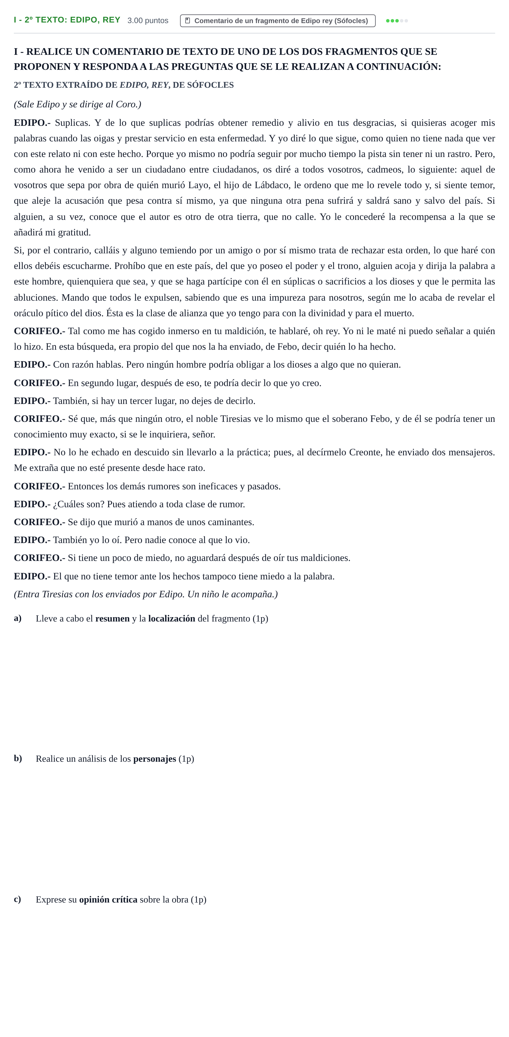Enunciado: Ejercicio I - 2º Texto: Edipo, rey · Artes Escénicas PAU Castilla-La Mancha Ordinaria 2021