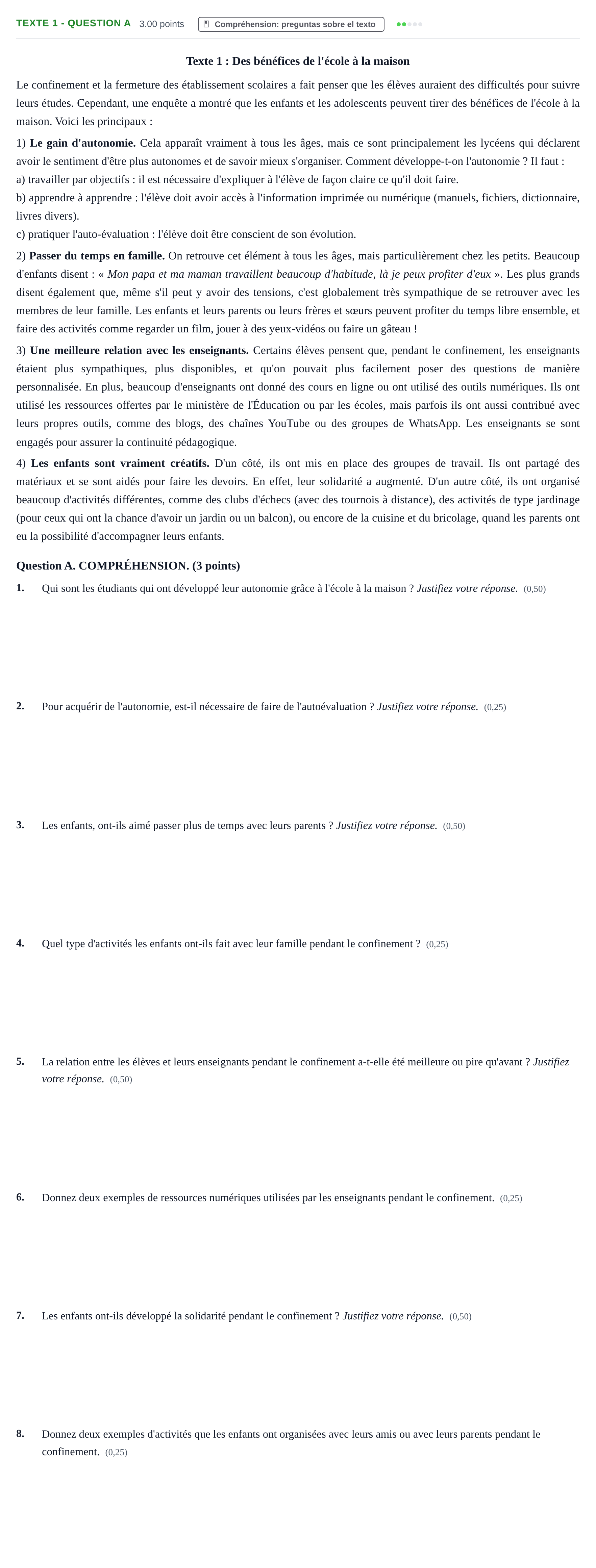Enunciado: Ejercicio Texte 1 - Question A · Francés PAU Castilla-La Mancha Extraordinaria 2021