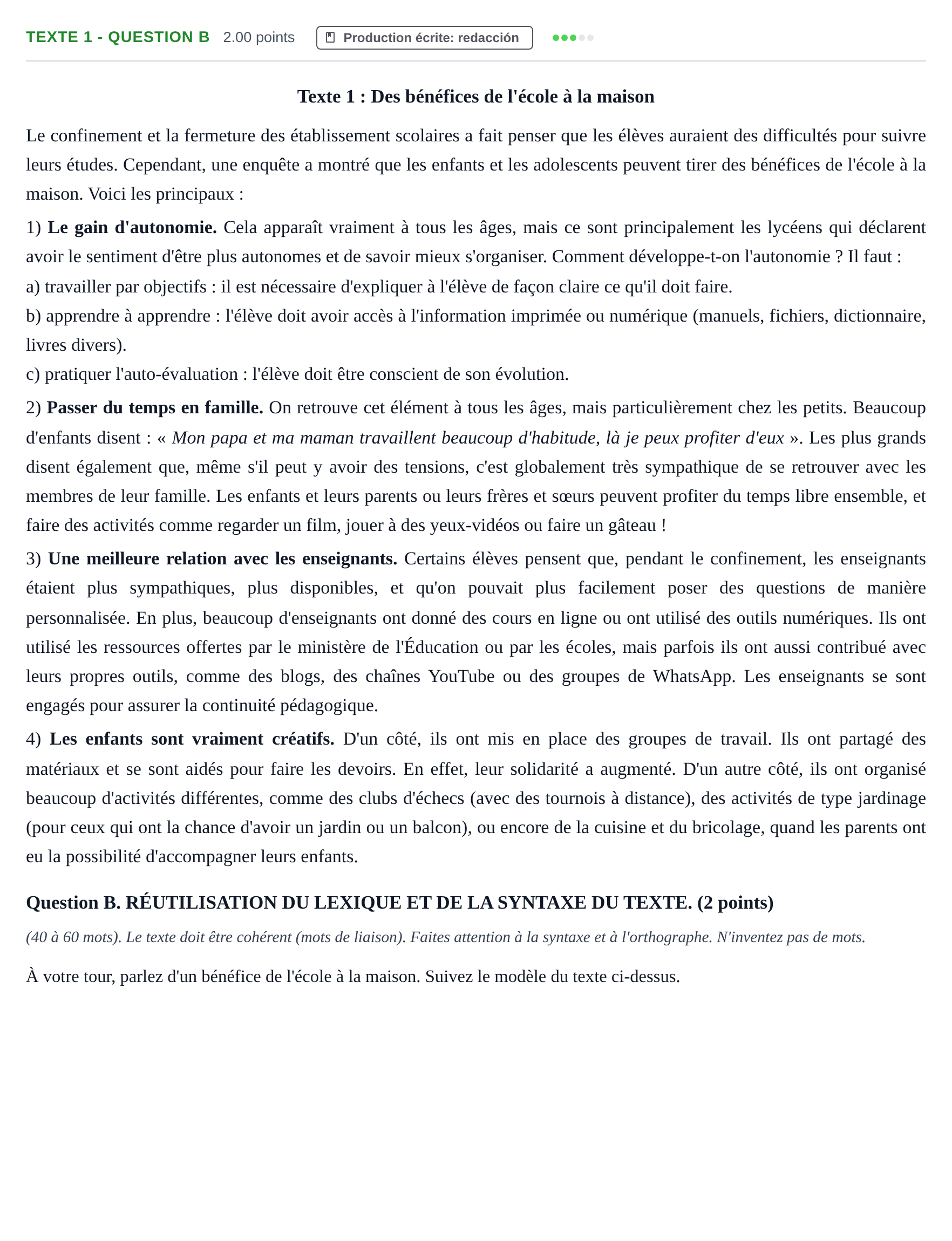 Enunciado: Ejercicio Texte 1 - Question B · Francés PAU Castilla-La Mancha Extraordinaria 2021