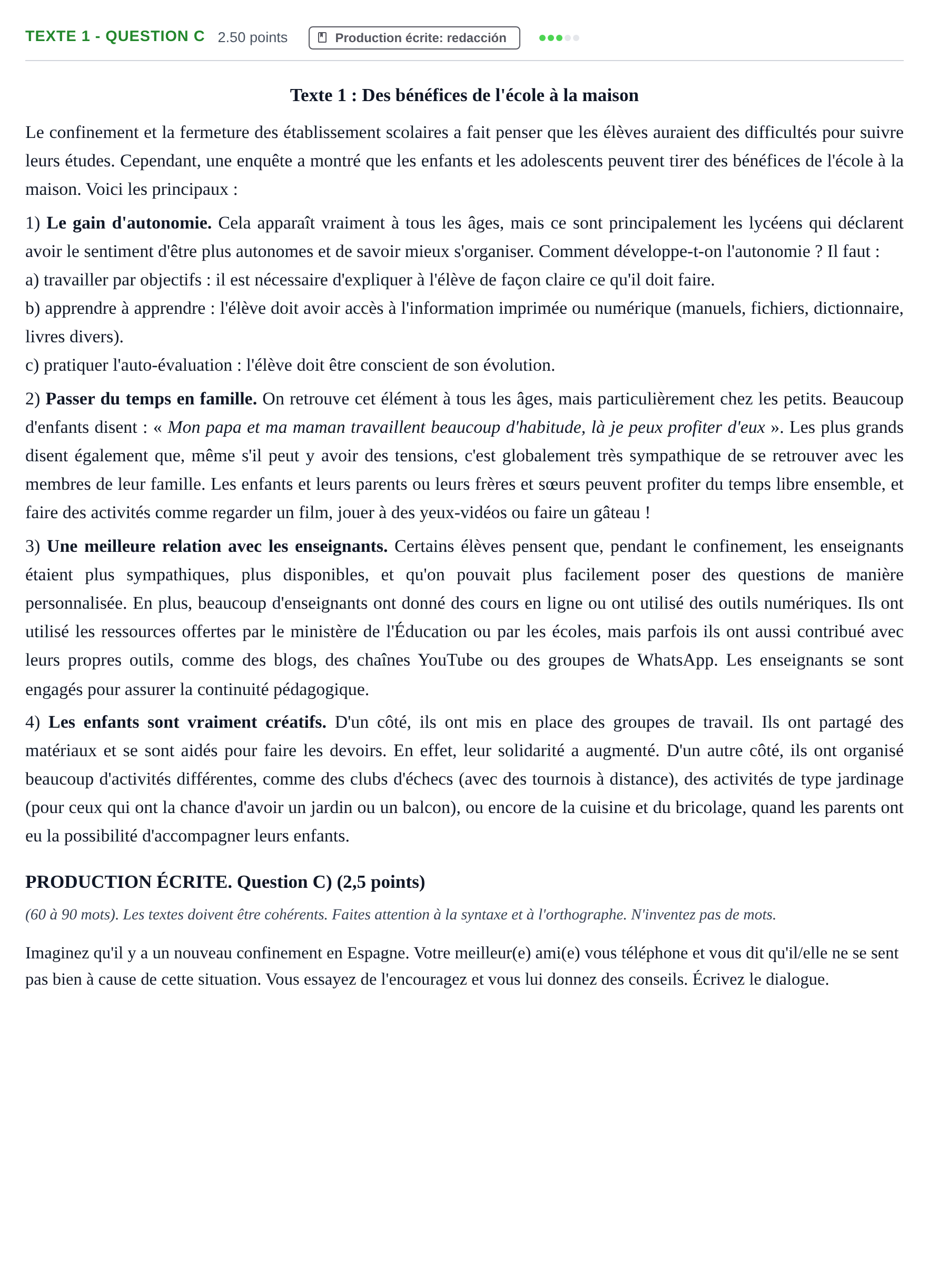 Enunciado: Ejercicio Texte 1 - Question C · Francés PAU Castilla-La Mancha Extraordinaria 2021