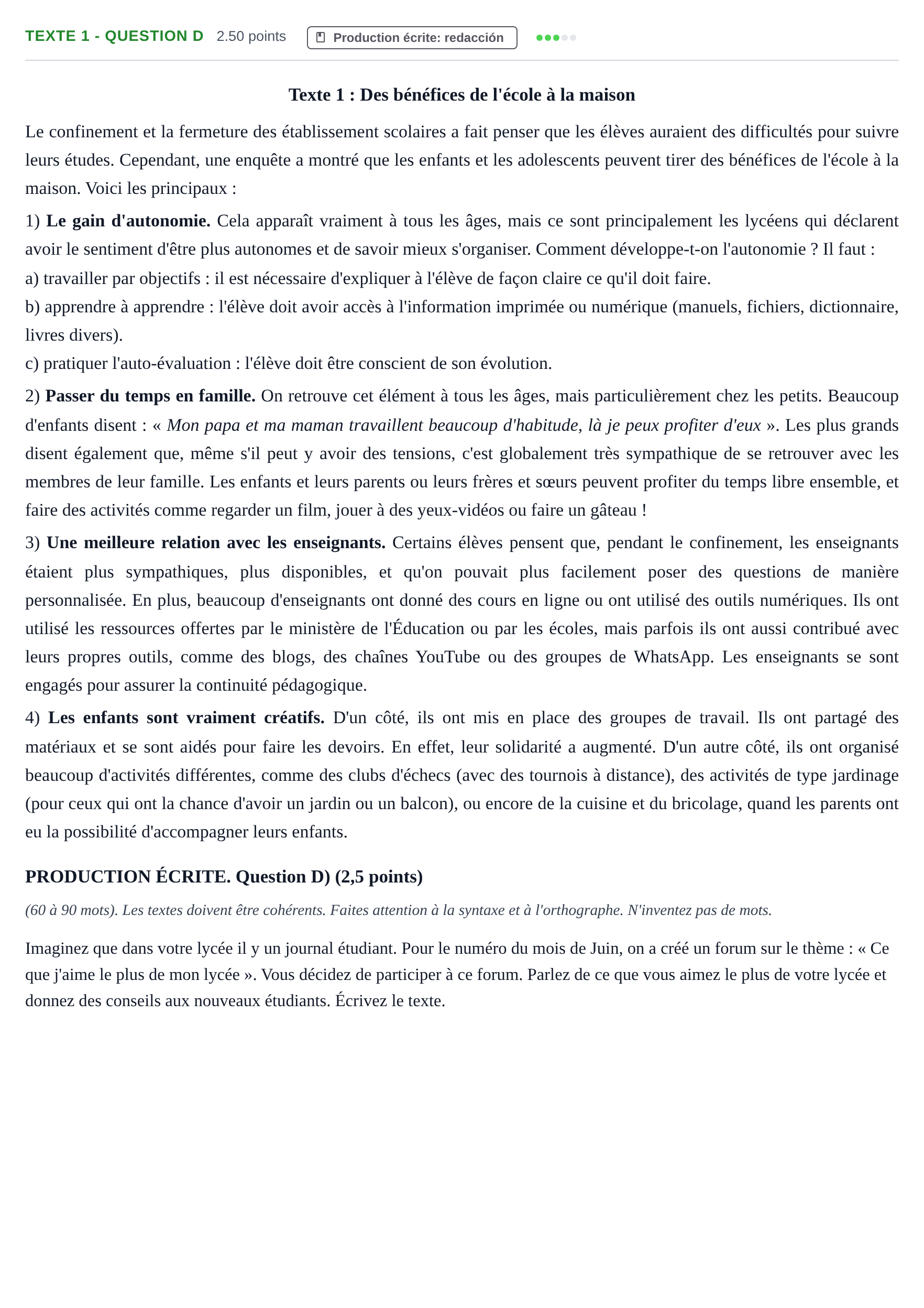 Enunciado: Ejercicio Texte 1 - Question D · Francés PAU Castilla-La Mancha Extraordinaria 2021