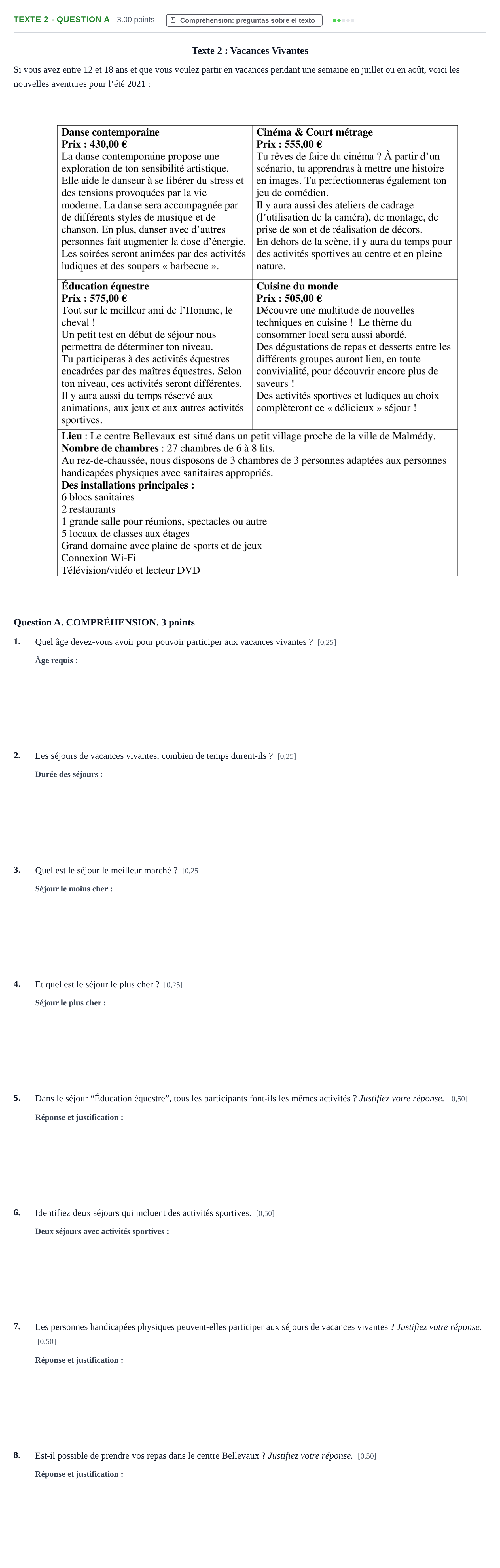 Enunciado: Ejercicio Texte 2 - Question A · Francés PAU Castilla-La Mancha Extraordinaria 2021