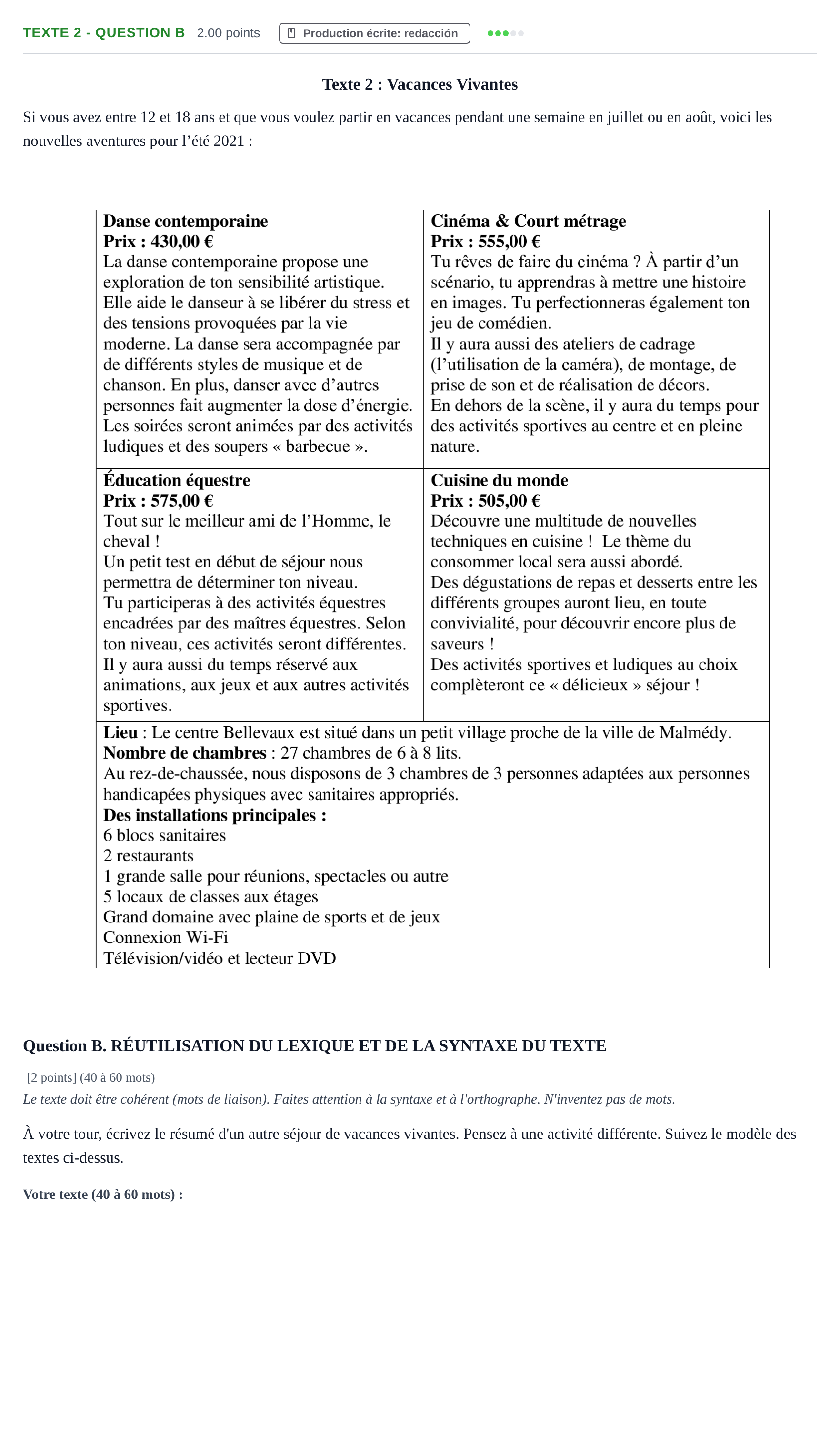 Enunciado: Ejercicio Texte 2 - Question B · Francés PAU Castilla-La Mancha Extraordinaria 2021