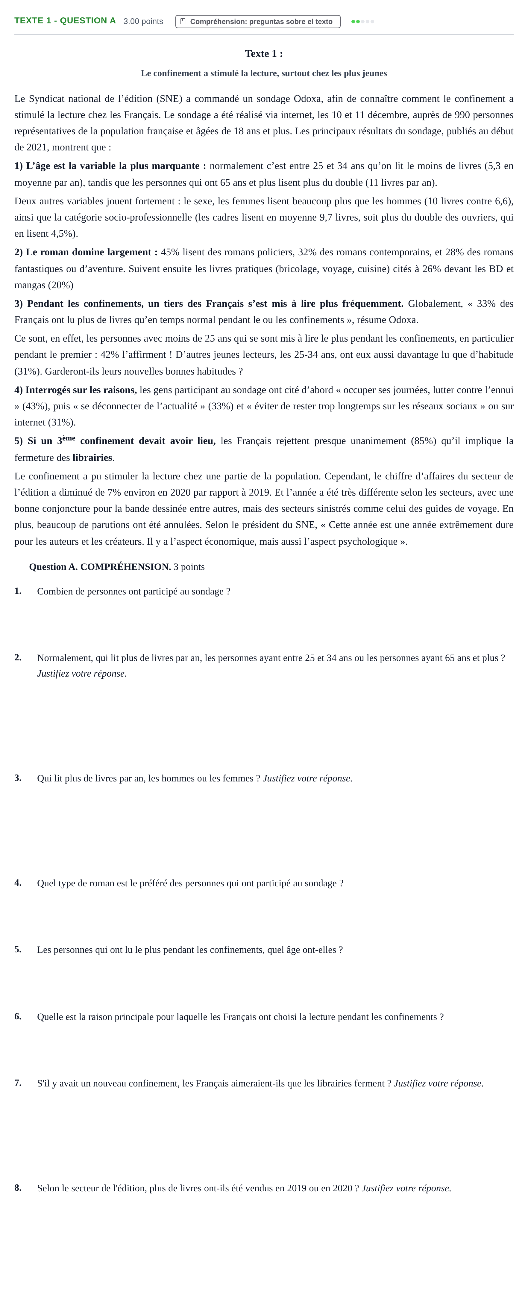 Enunciado: Ejercicio Texte 1 - Question A · Francés PAU Castilla-La Mancha Ordinaria 2021