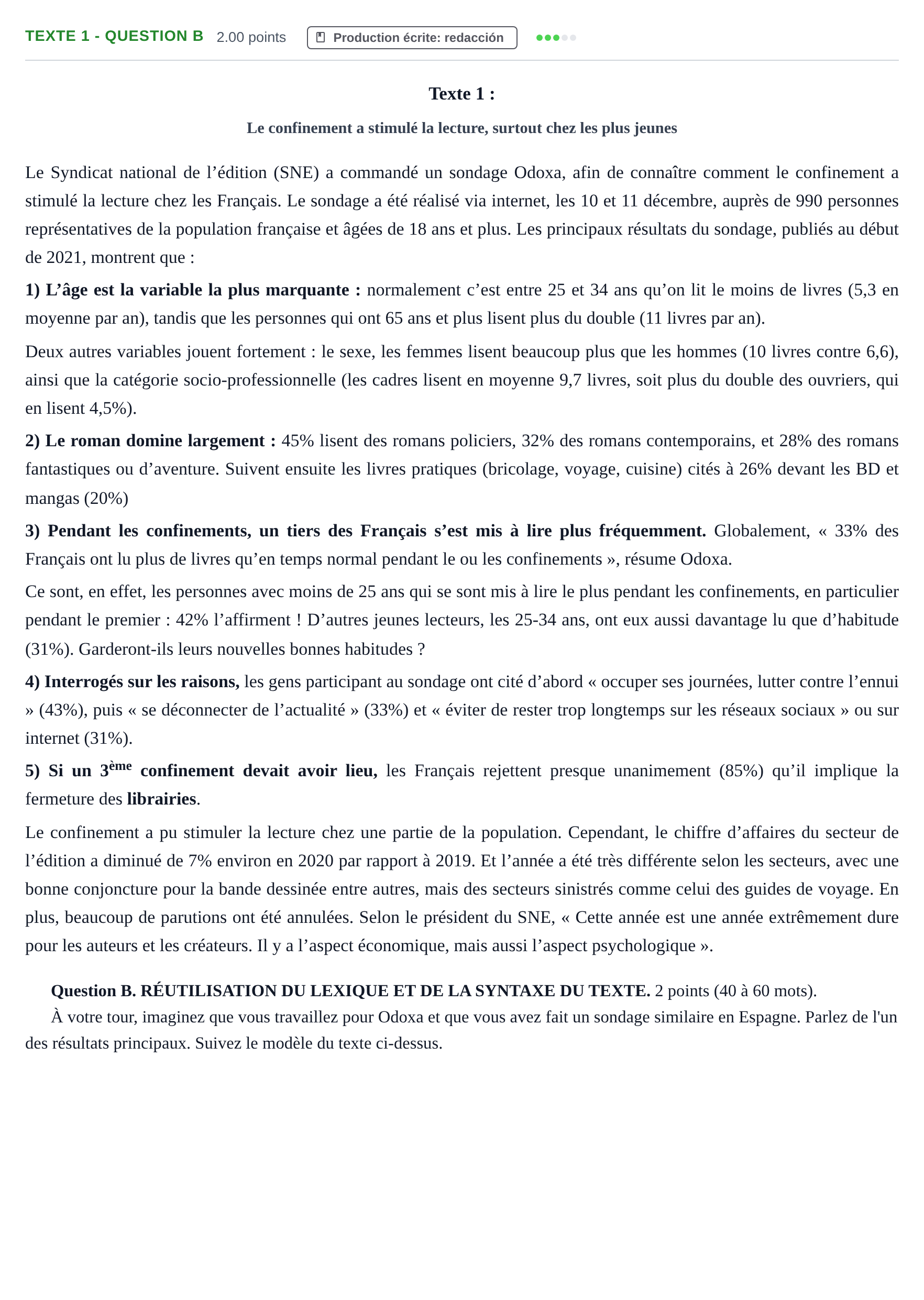 Enunciado: Ejercicio Texte 1 - Question B · Francés PAU Castilla-La Mancha Ordinaria 2021