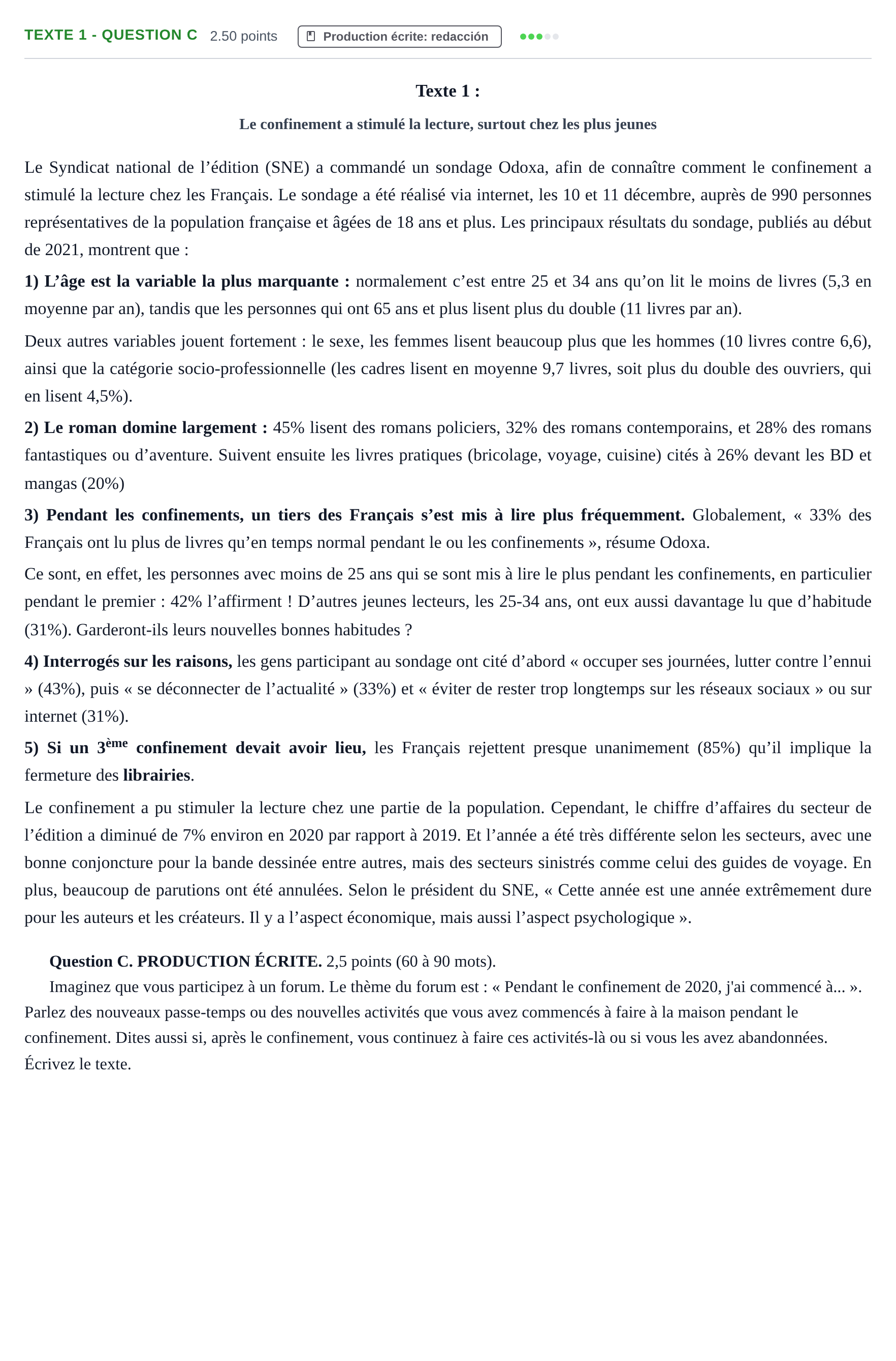 Enunciado: Ejercicio Texte 1 - Question C · Francés PAU Castilla-La Mancha Ordinaria 2021