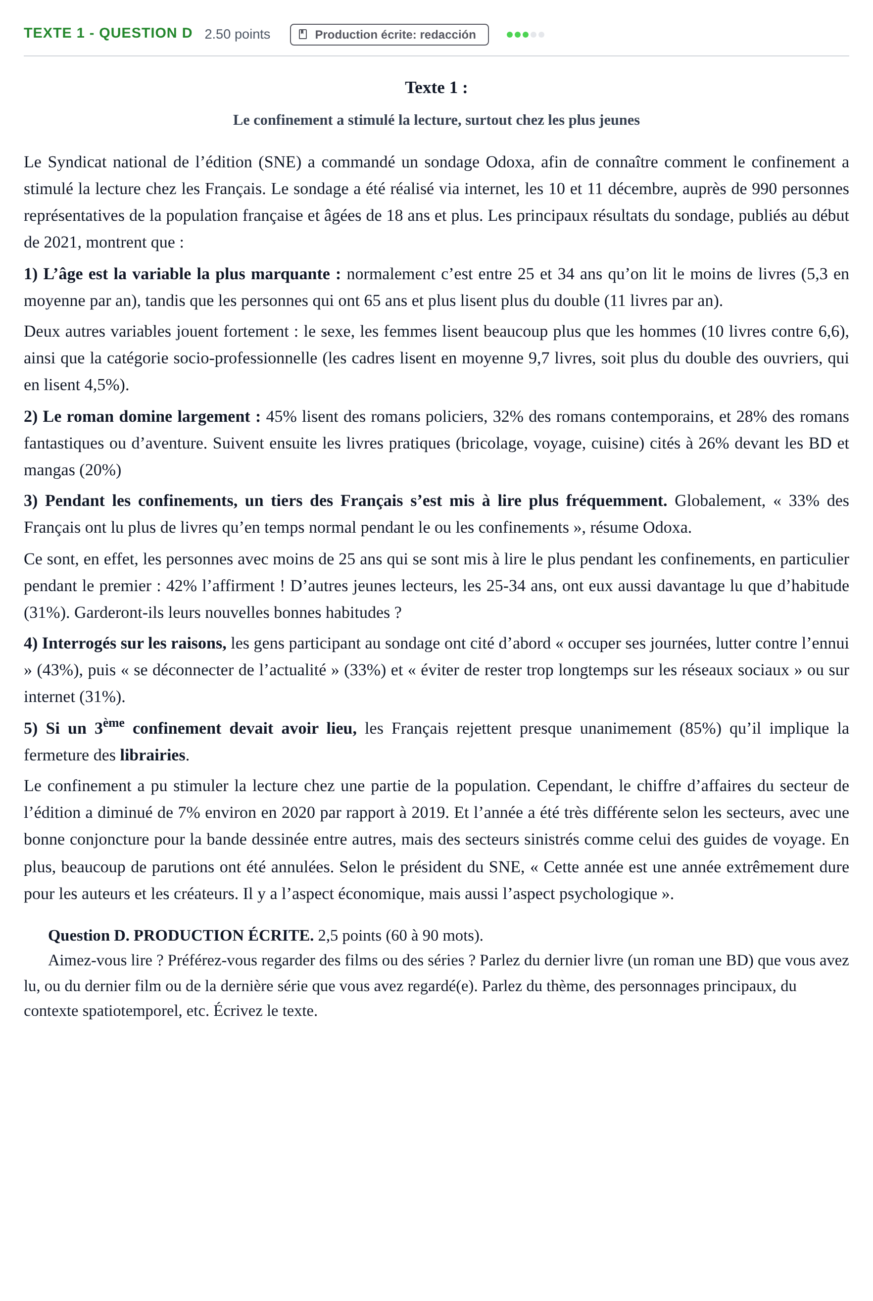 Enunciado: Ejercicio Texte 1 - Question D · Francés PAU Castilla-La Mancha Ordinaria 2021