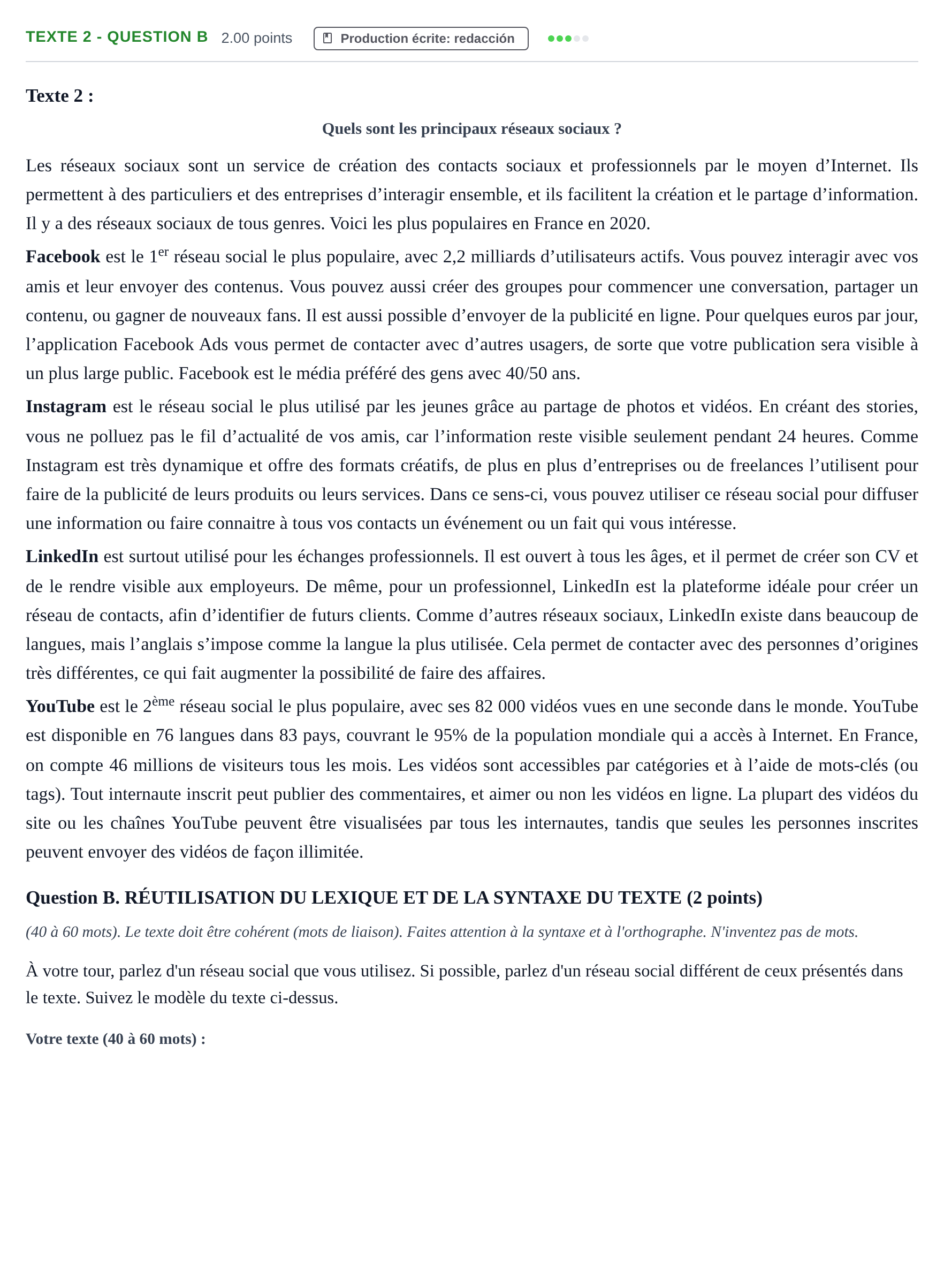 Enunciado: Ejercicio Texte 2 - Question B · Francés PAU Castilla-La Mancha Ordinaria 2021