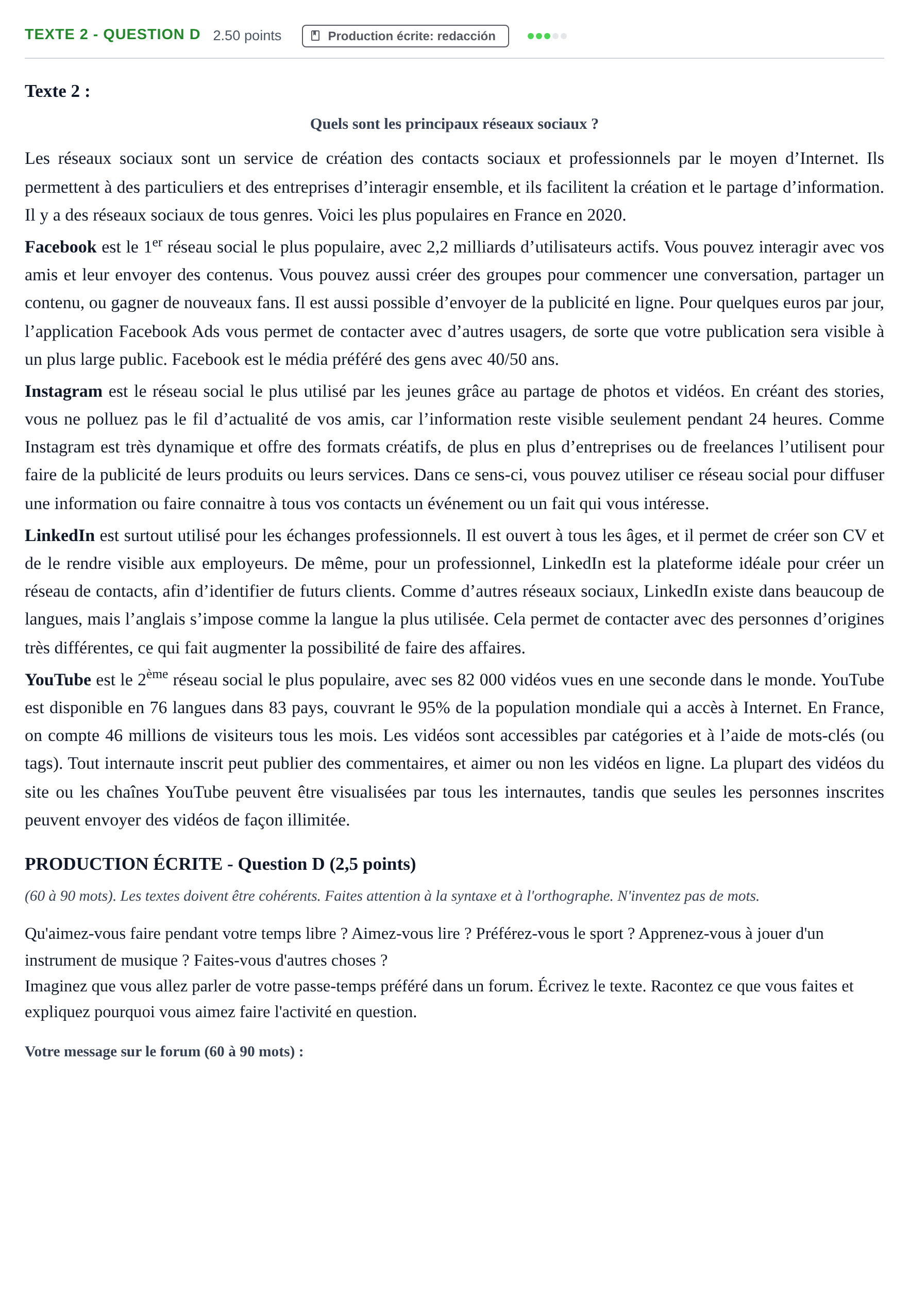 Enunciado: Ejercicio Texte 2 - Question D · Francés PAU Castilla-La Mancha Ordinaria 2021