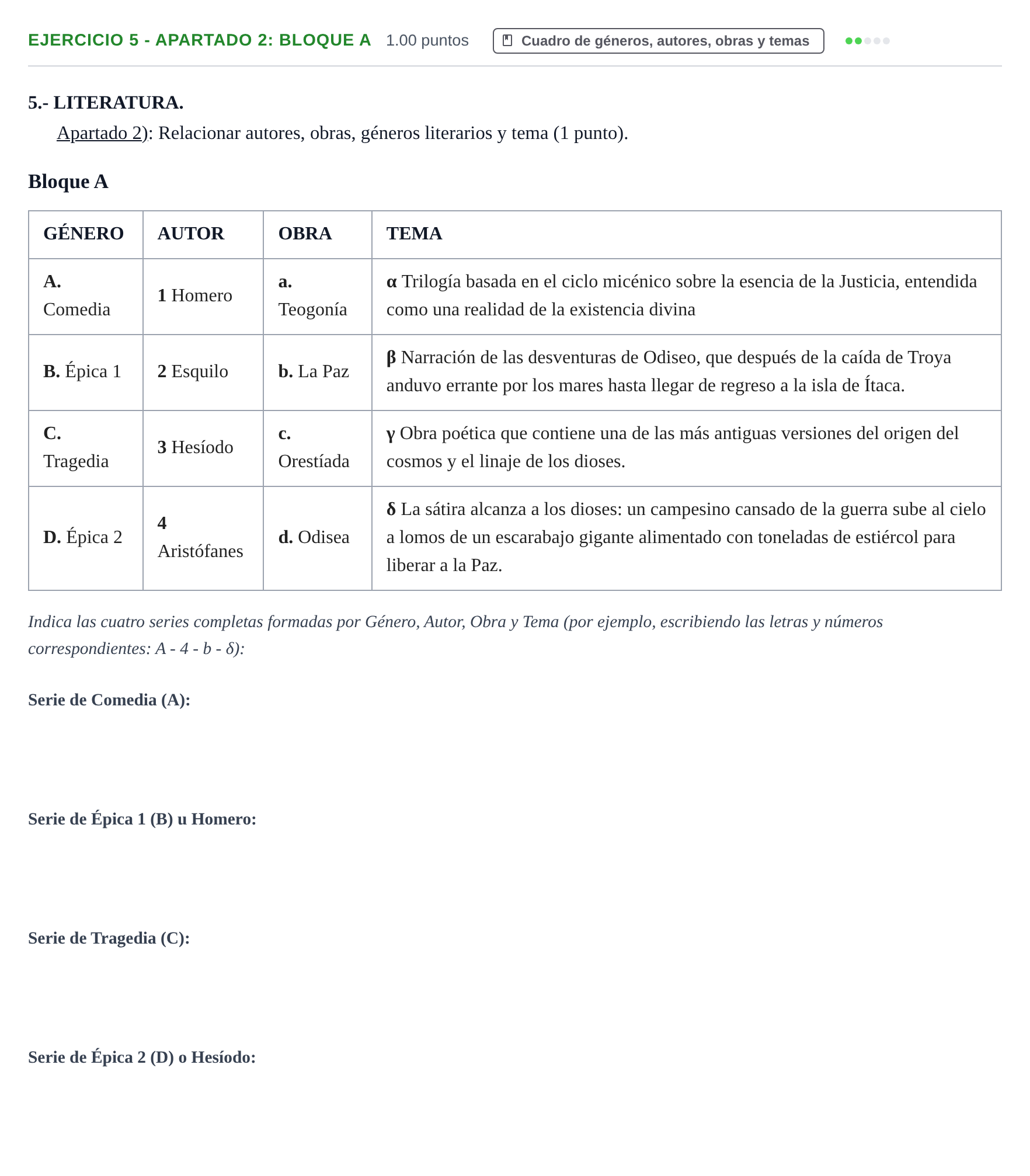 Enunciado: Ejercicio 5 - Apartado 2: Bloque A · Griego II PAU Castilla-La Mancha Extraordinaria 2021