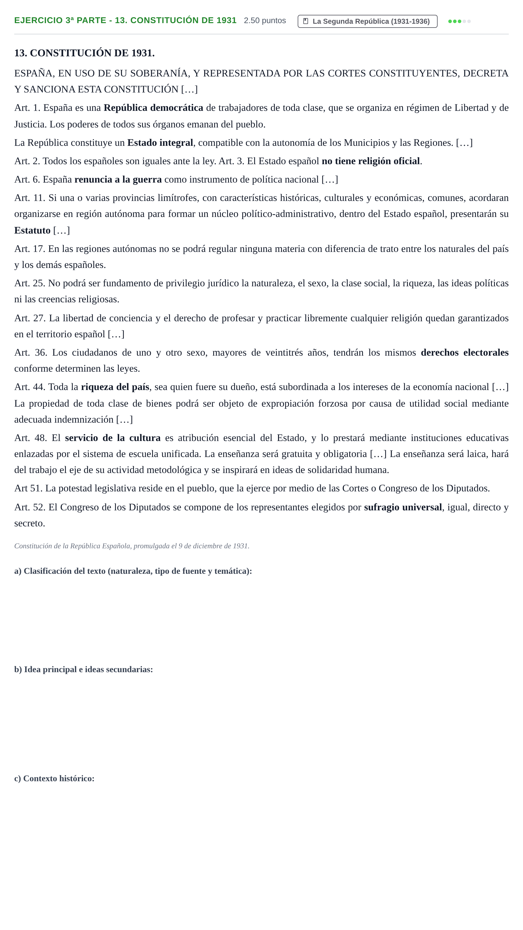 Enunciado: Ejercicio 3ª Parte - 13. Constitución de 1931 · Historia de España PAU Castilla-La Mancha Extraordinaria 2021
