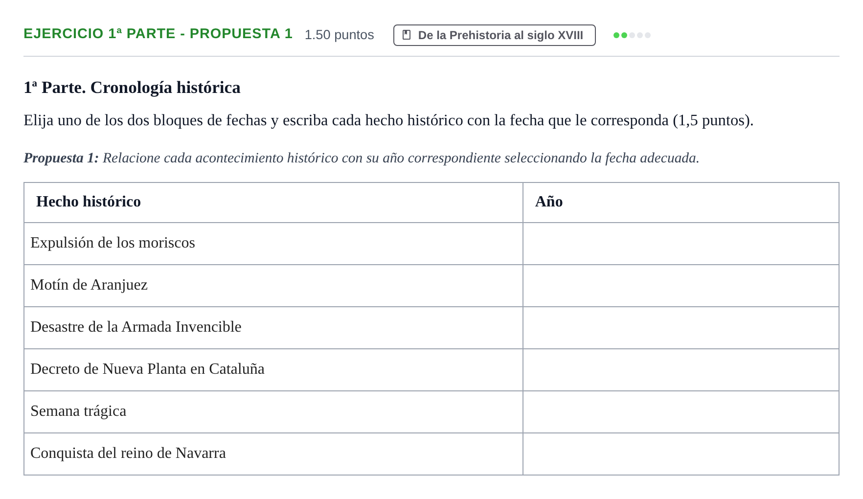Enunciado: Ejercicio 1ª Parte - Propuesta 1 · Historia de España PAU Castilla-La Mancha Ordinaria (Humanidades, CC.SS. y Artes) 2021