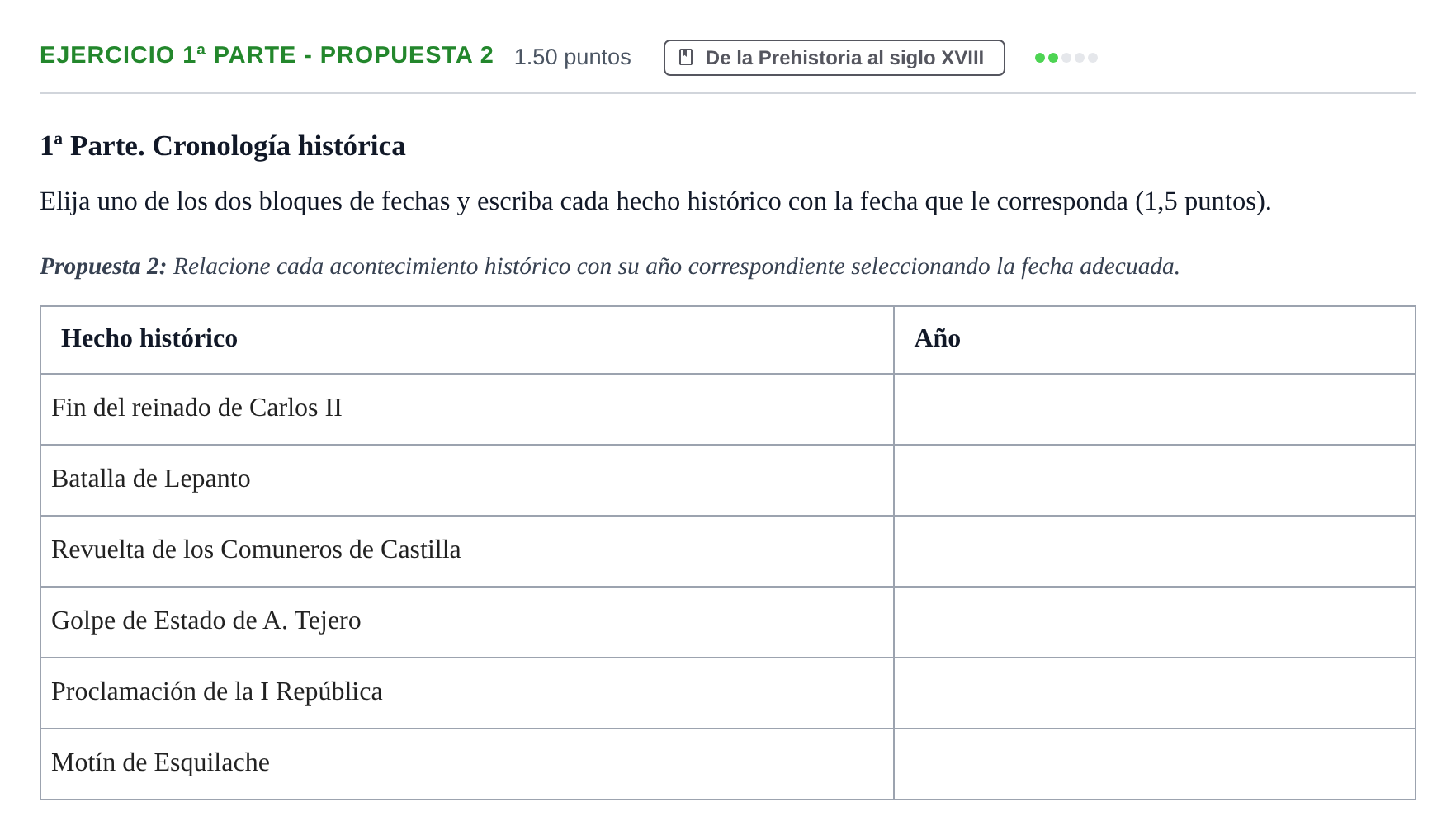 Enunciado: Ejercicio 1ª Parte - Propuesta 2 · Historia de España PAU Castilla-La Mancha Ordinaria (Humanidades, CC.SS. y Artes) 2021